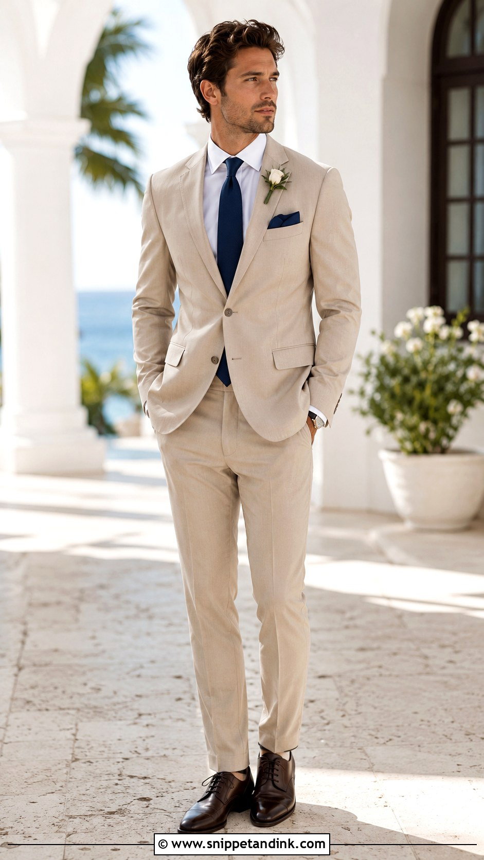 Beige Wedding Suit With Navy Tie - Snippet and Ink - 25 Beige Wedding Suit Ideas