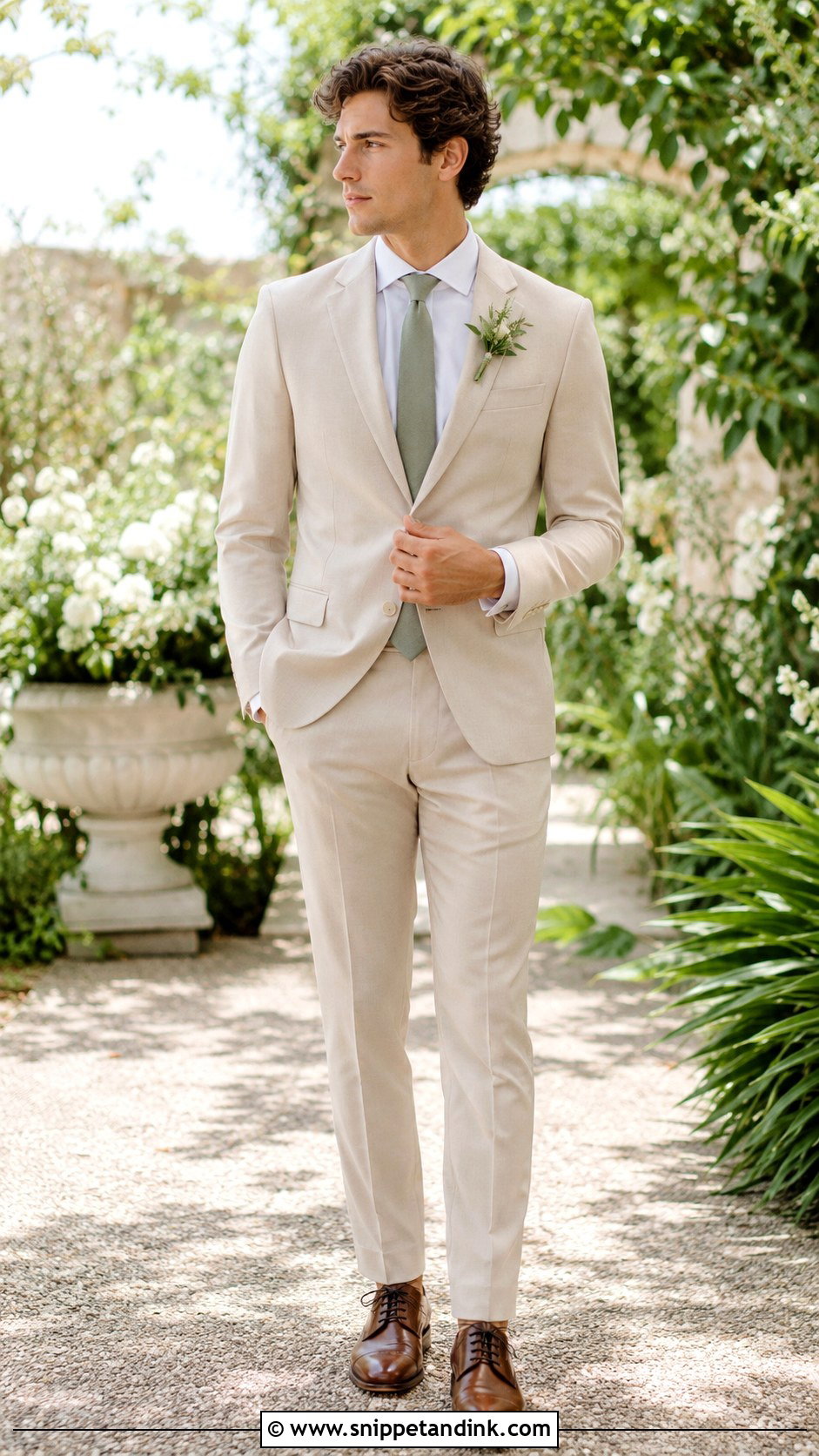 Beige Wedding Suit With Sage Green Tie - Snippet and Ink - 25 Beige Wedding Suit Ideas