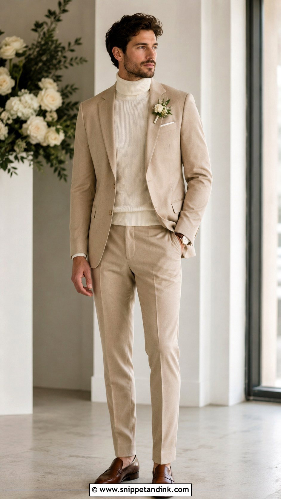 Beige Wedding Suit With Turtleneck - Snippet and Ink - 25 Beige Wedding Suit Ideas