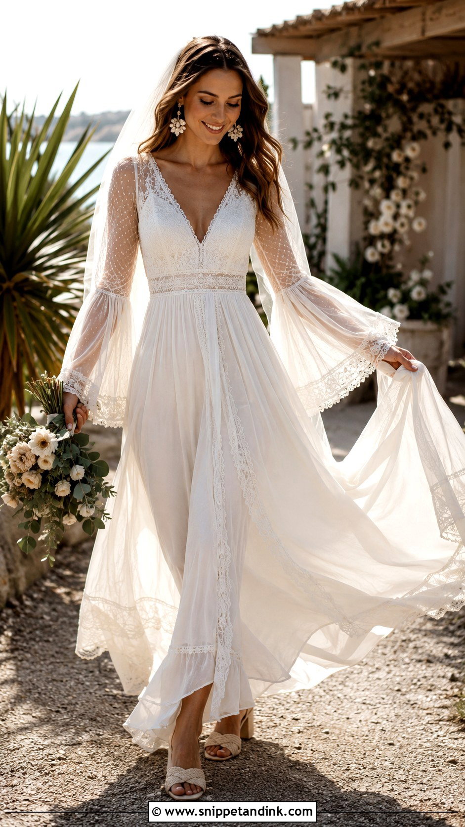 Bell Mesh Sleeve Boho Wedding Dress - Snippet and Ink - 20 Mesh Sleeve Wedding Dress Ideas
