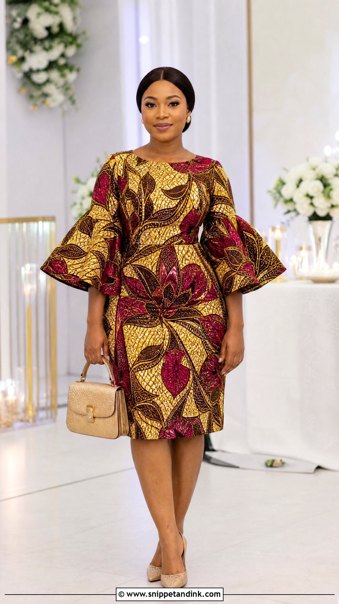 Bell Sleeve Ankara Short Gown With Low Heels - Snippet and Ink - 20 Short Gown Ankara Styles for Wedding