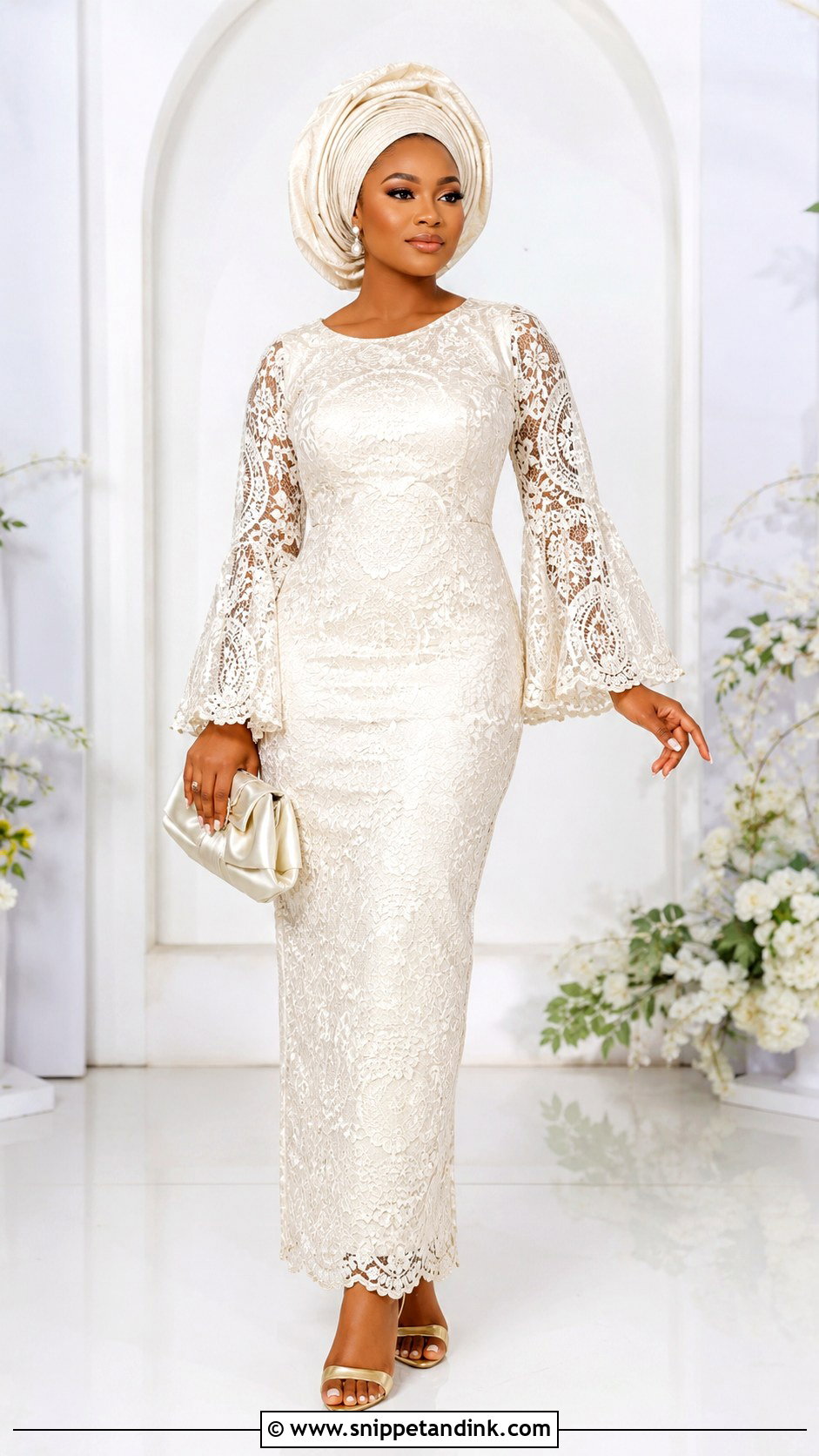 Bell Sleeve Aso Ebi Lace Gown - Snippet and Ink - 25 Simple Aso Ebi Lace Gown Styles