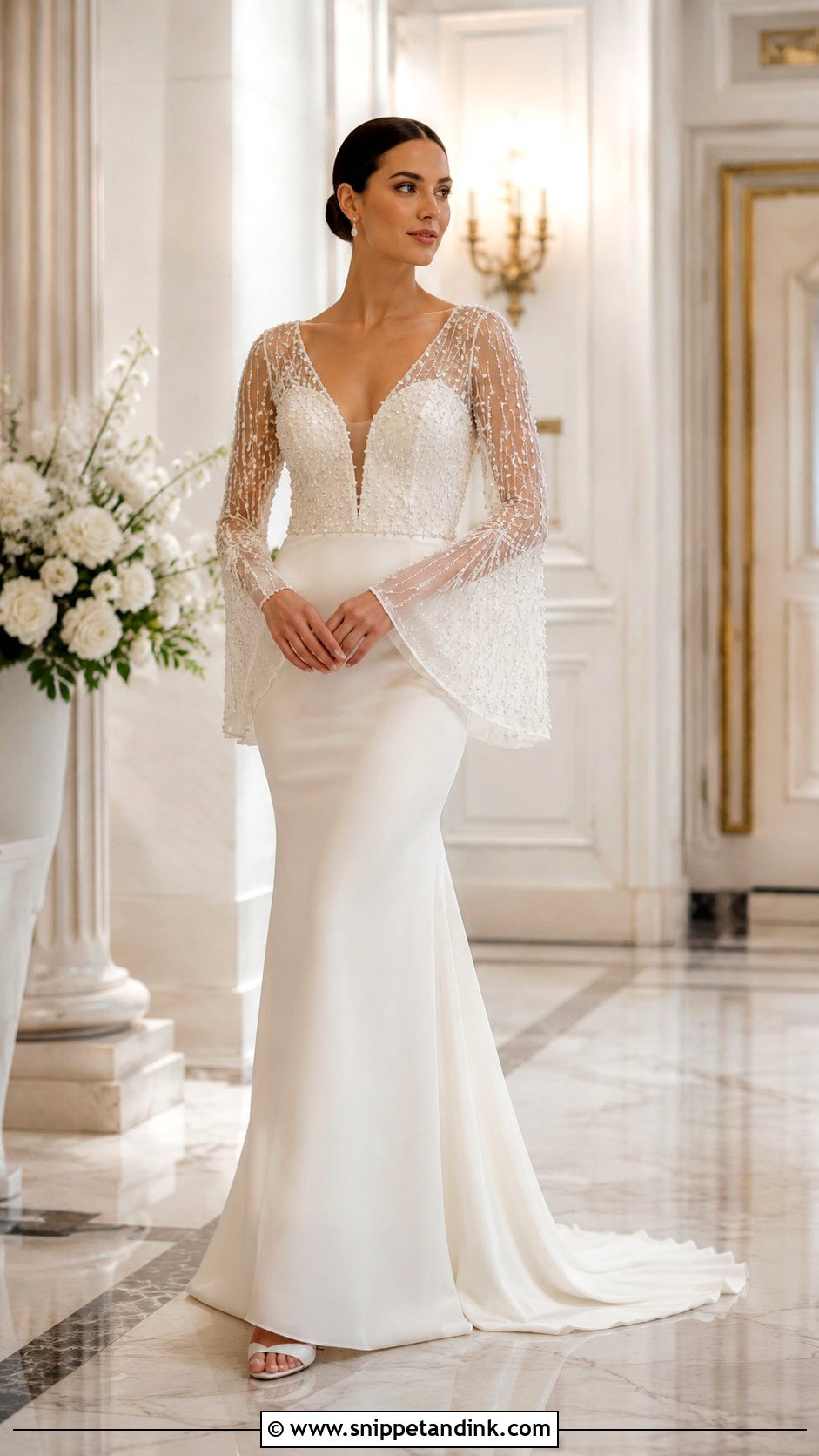 Bell Sleeve Beaded Wedding Dress - Snippet and Ink - 30 Bell Sleeve Wedding Dress Ideas