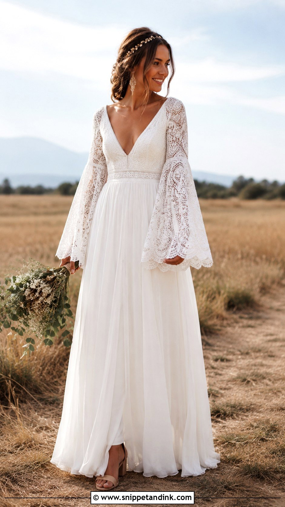Bell Sleeve Boho A Line Wedding Dress - Snippet and Ink - 20 Boho a Line Wedding Dress Ideas
