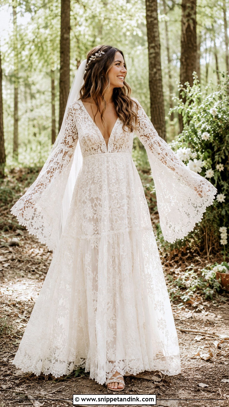 Bell Sleeve Boho Lace Wedding Dress - Snippet and Ink - 20 Romantic Wedding Dress with Sleeves