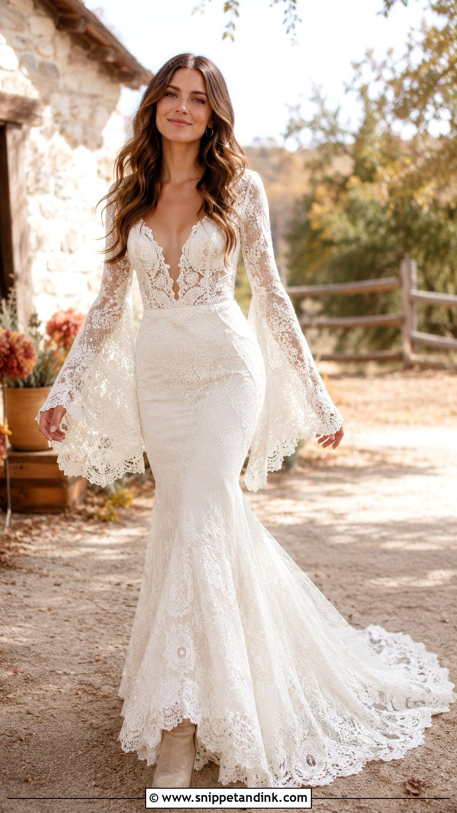 Bell Sleeve Boho Mermaid Wedding Dress - Snippet and Ink - 20 Boho Mermaid Wedding Dress Ideas