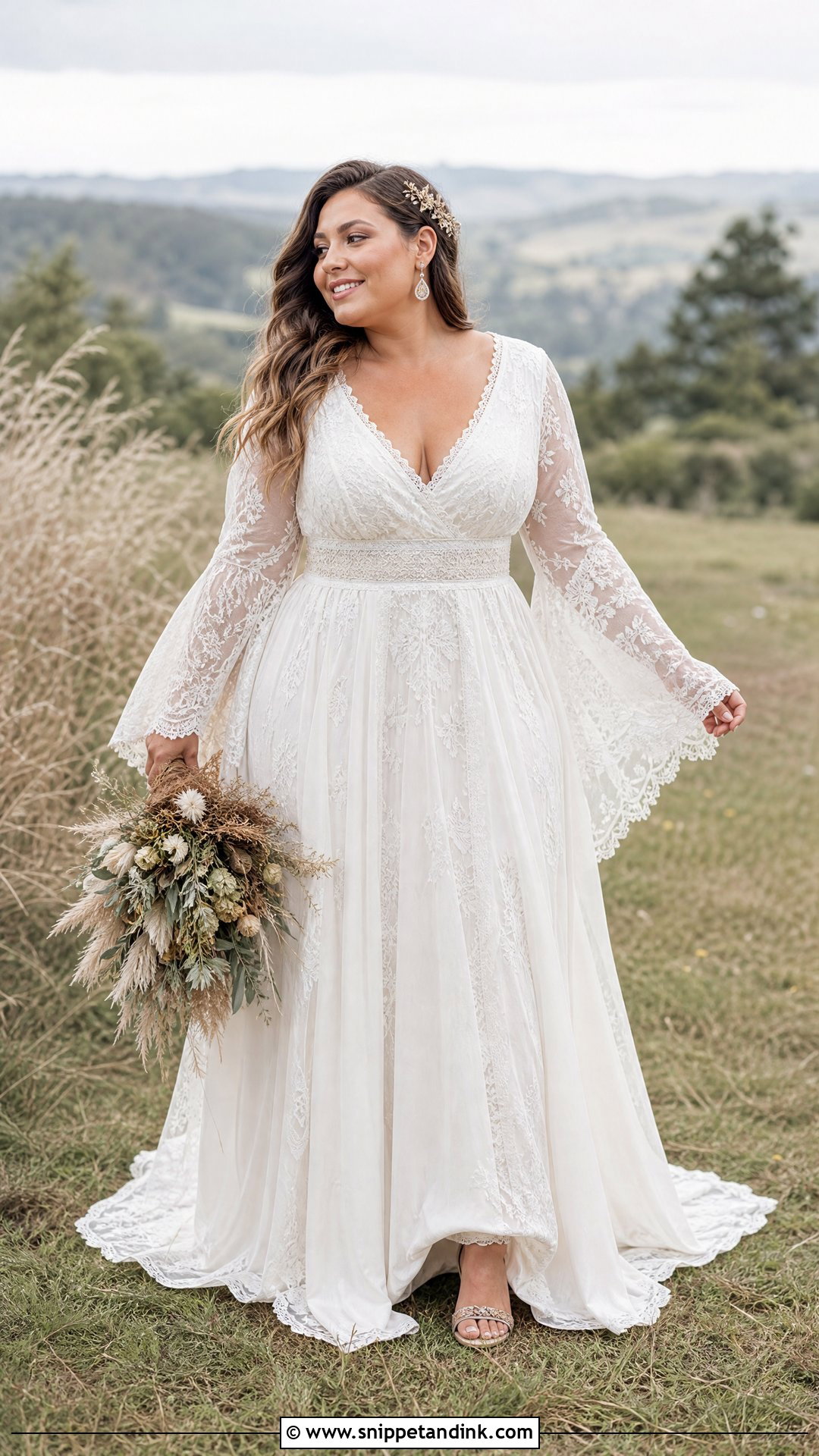 Bell Sleeve Boho Plus Size Wedding Gown - Snippet and Ink - 20 Plus Size Wedding Gowns with Sleeves