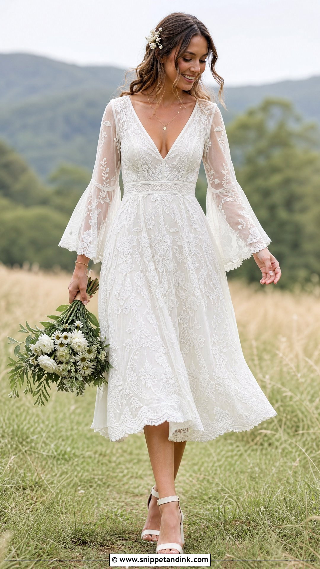 Bell Sleeve Boho Tea Length Wedding Dress - Snippet and Ink - 20 Tea Length Wedding Dress with Sleeves