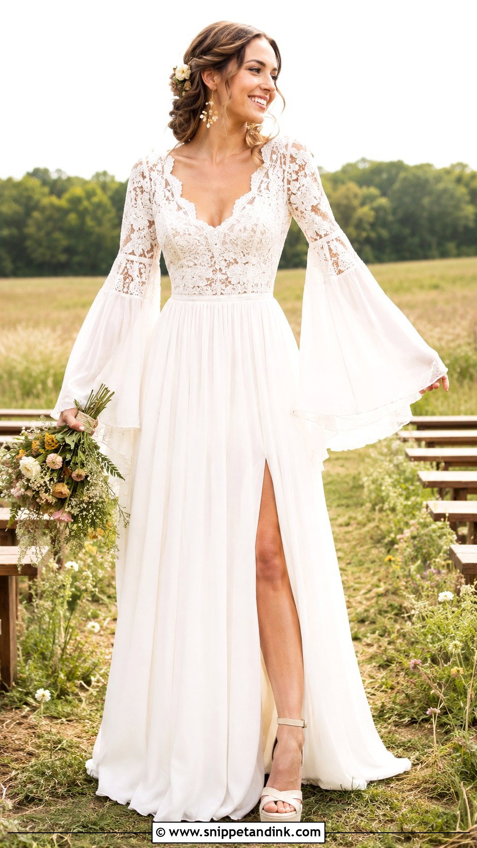 Bell Sleeve Boho Wedding Dress - Snippet and Ink - 20 Boho Long Sleeve Wedding Dress Ideas