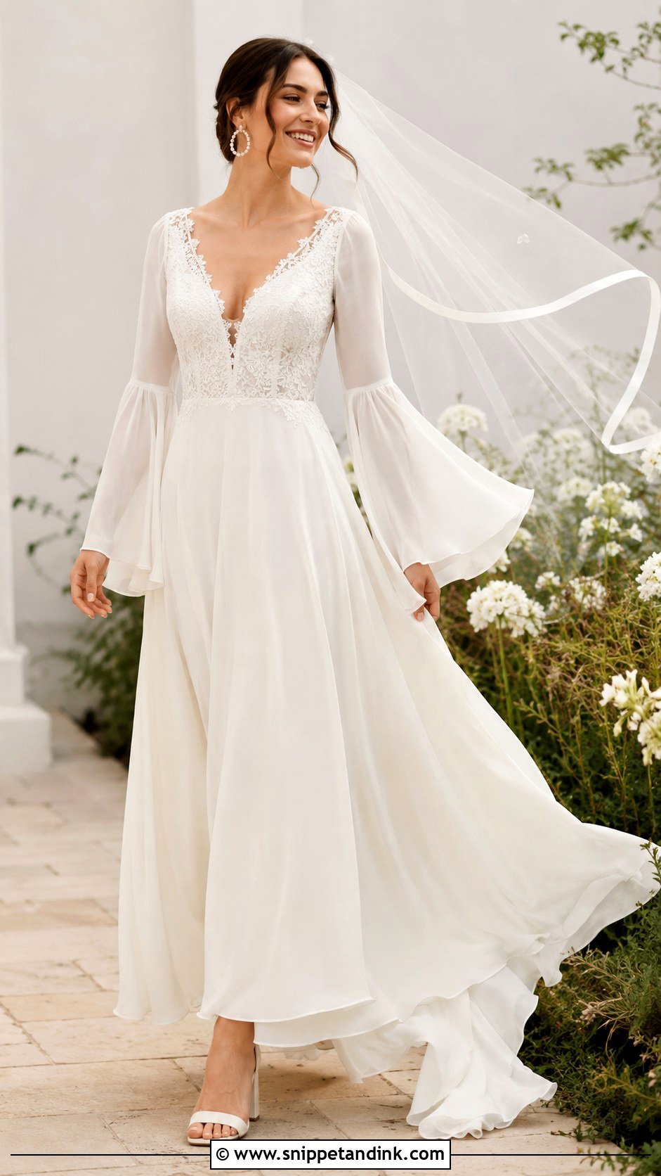 Bell Sleeve Chiffon Wedding Dress - Snippet and Ink - 20 Modern Romantic Wedding Dress Ideas