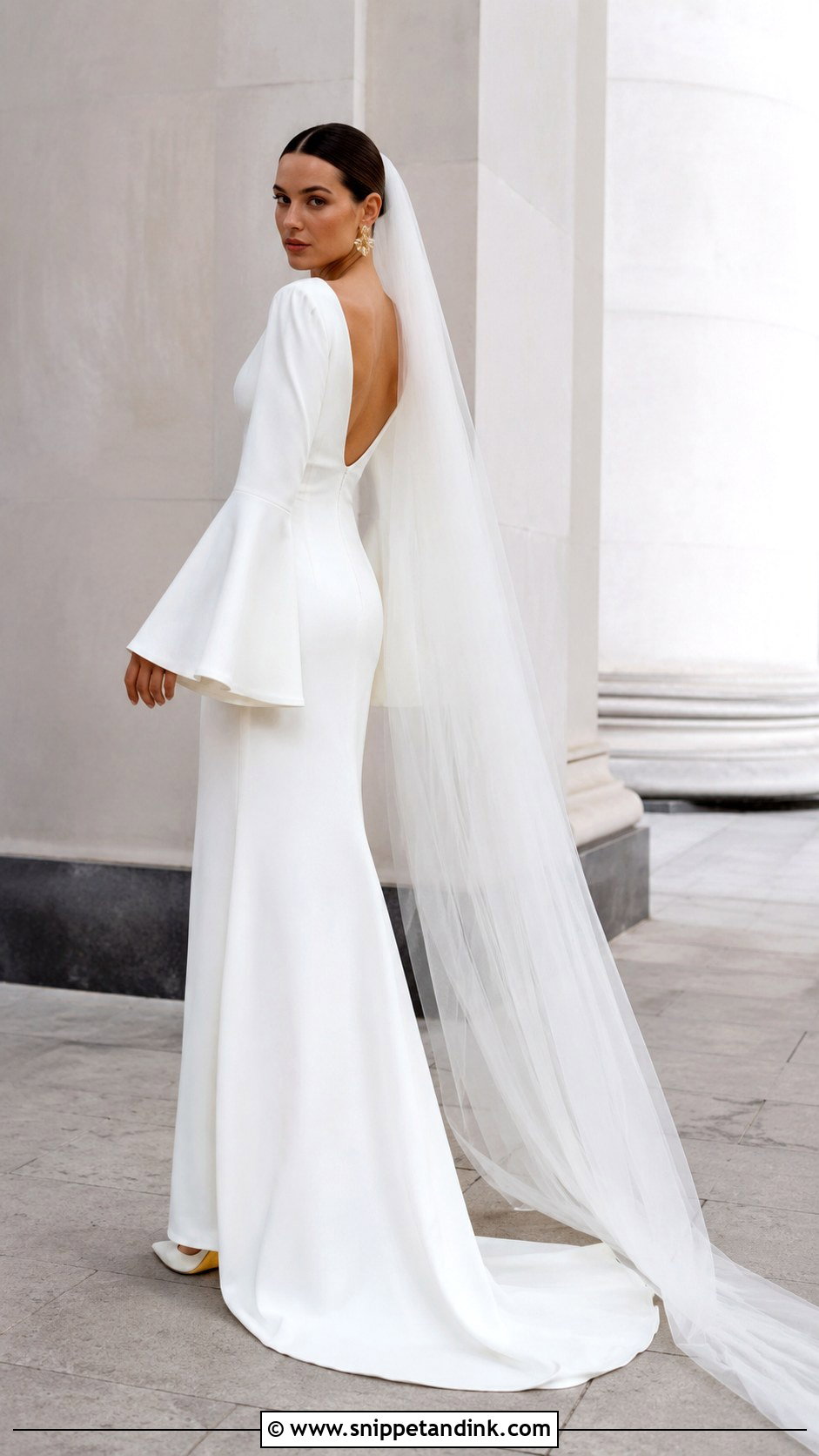 Bell Sleeve Crepe Wedding Dress - Snippet and Ink - 30 Bell Sleeve Wedding Dress Ideas