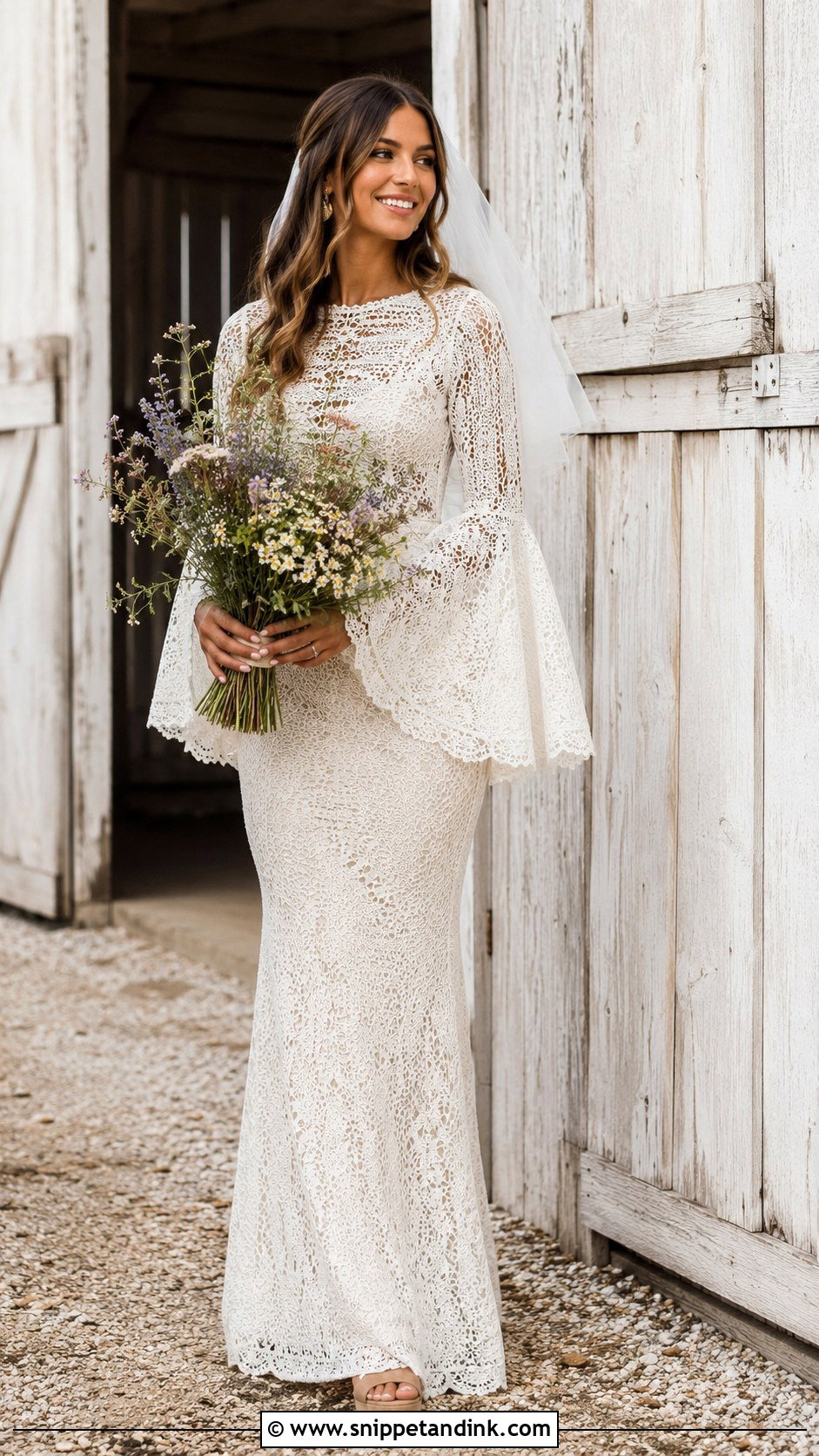 Bell Sleeve Crochet Lace Wedding Dress - Snippet and Ink - 20 Boho Fall Wedding Dress Ideas