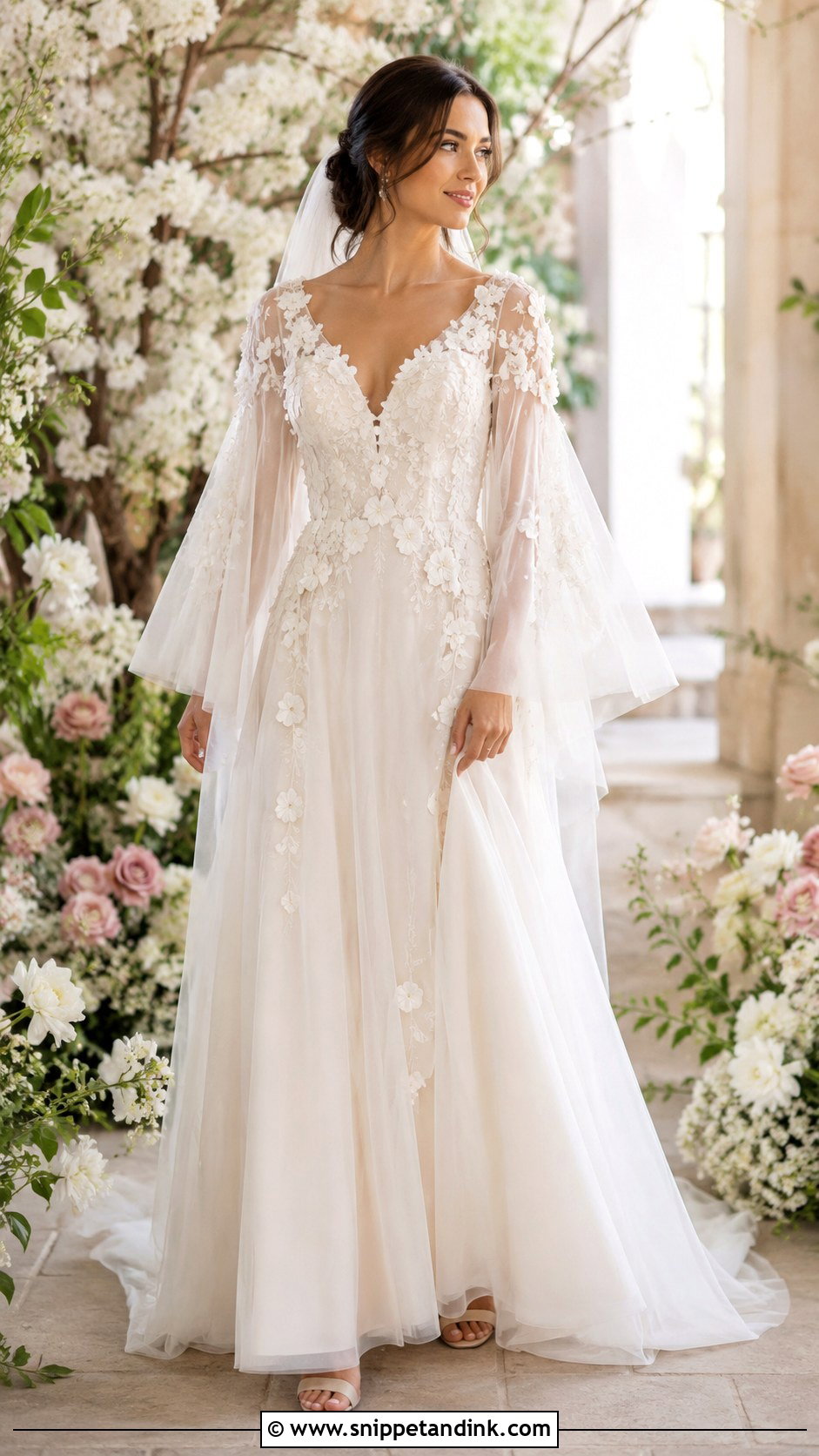 Bell Sleeve Floral Applique Wedding Dress - Snippet and Ink - 30 Bell Sleeve Wedding Dress Ideas
