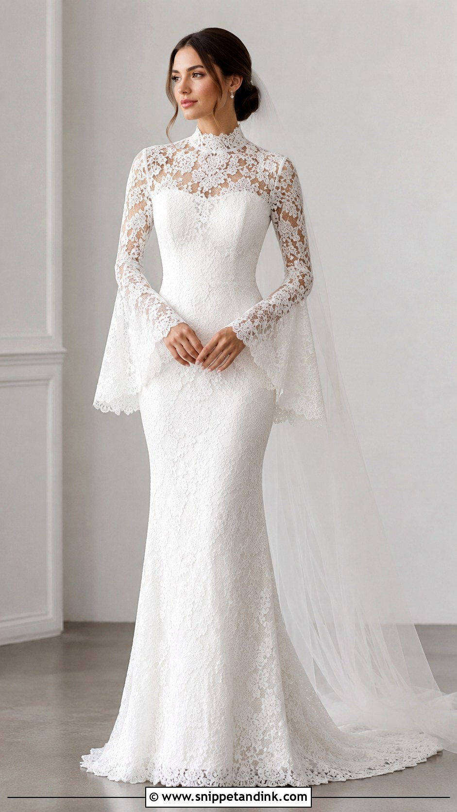 Bell Sleeve High Neck Wedding Dress - Snippet and Ink - 30 Bell Sleeve Wedding Dress Ideas