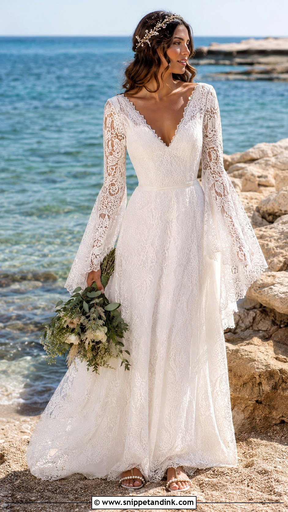 Bell Sleeve Lace Beach Wedding Dress - Snippet and Ink - 20 Lace Beach Wedding Dress Ideas