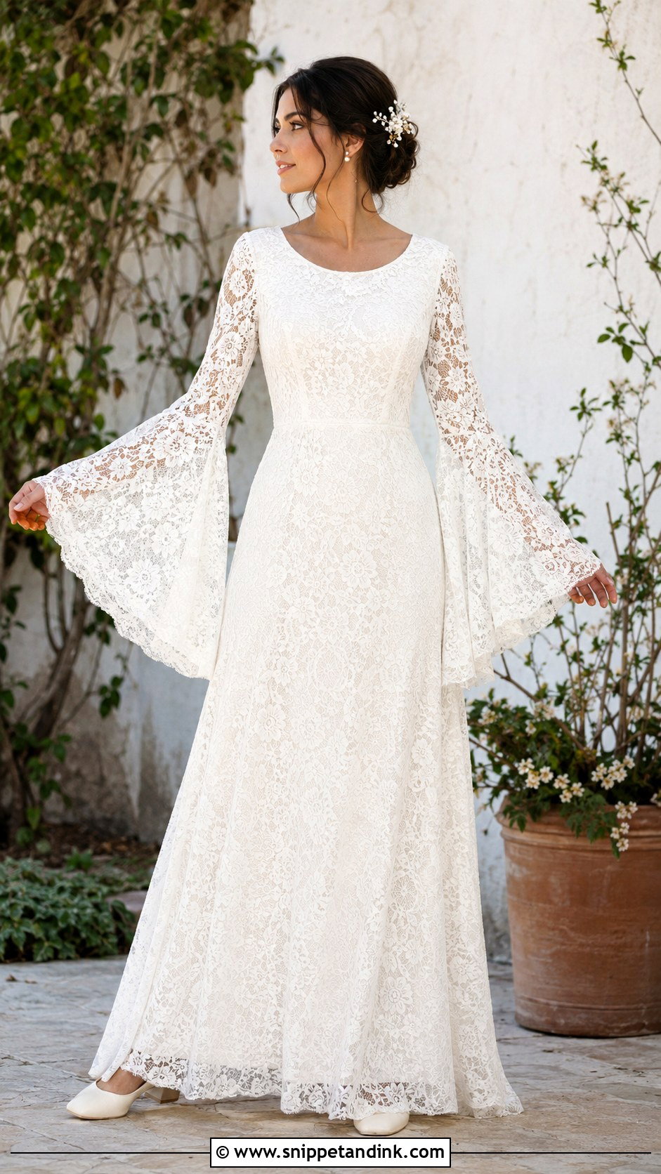 Bell Sleeve Lace Boho Modest Wedding Dress - Snippet and Ink - 20 Boho Modest Wedding Dress Ideas