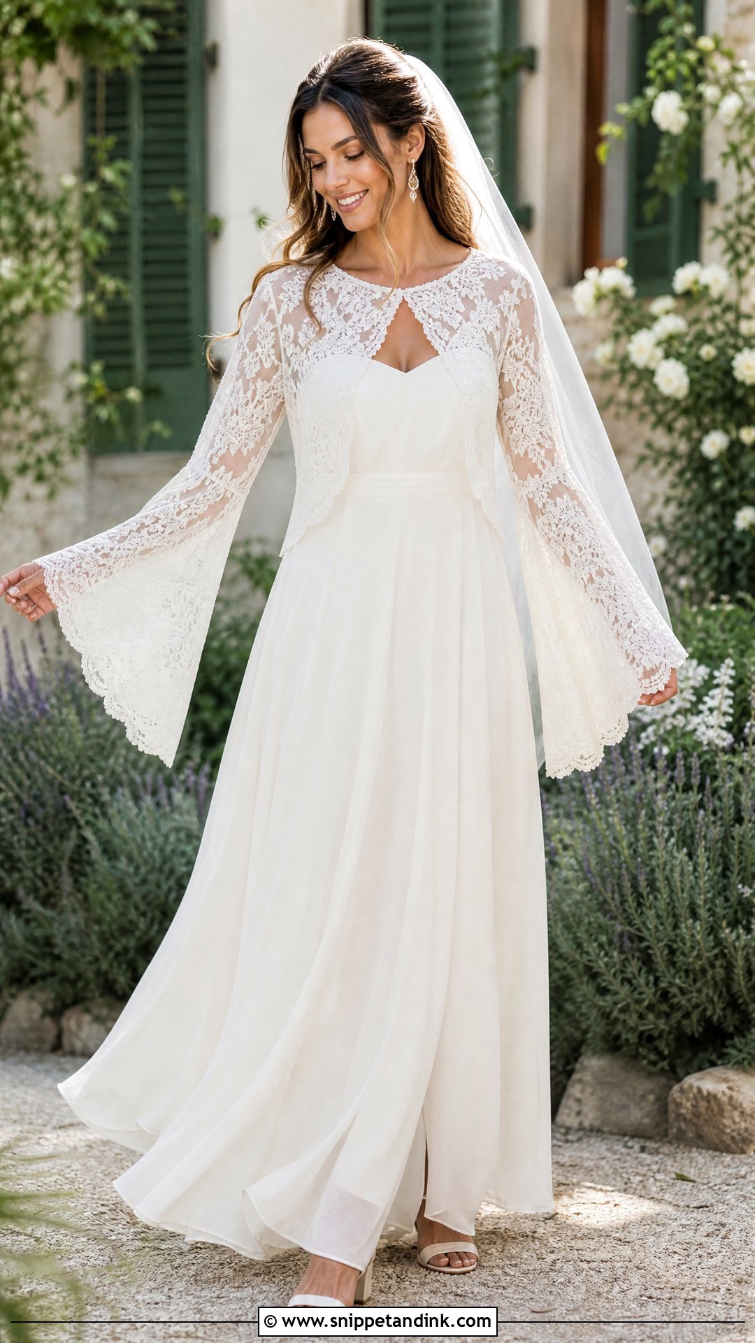 Bell Sleeve Lace Bolero With Boho Wedding Gown - Snippet and Ink - 20 Wedding Bolero Long Sleeve Ideas