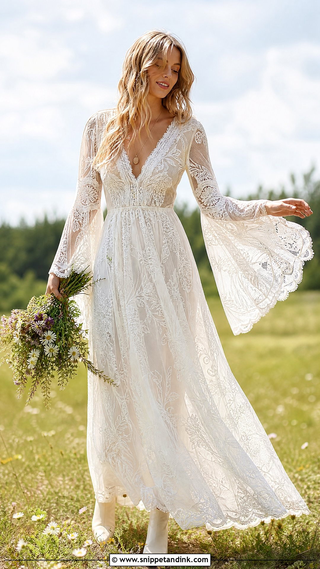 Bell Sleeve Lace Hippie Wedding Dress - Snippet and Ink - 20 Hippie Wedding Dress Bohemian Ideas