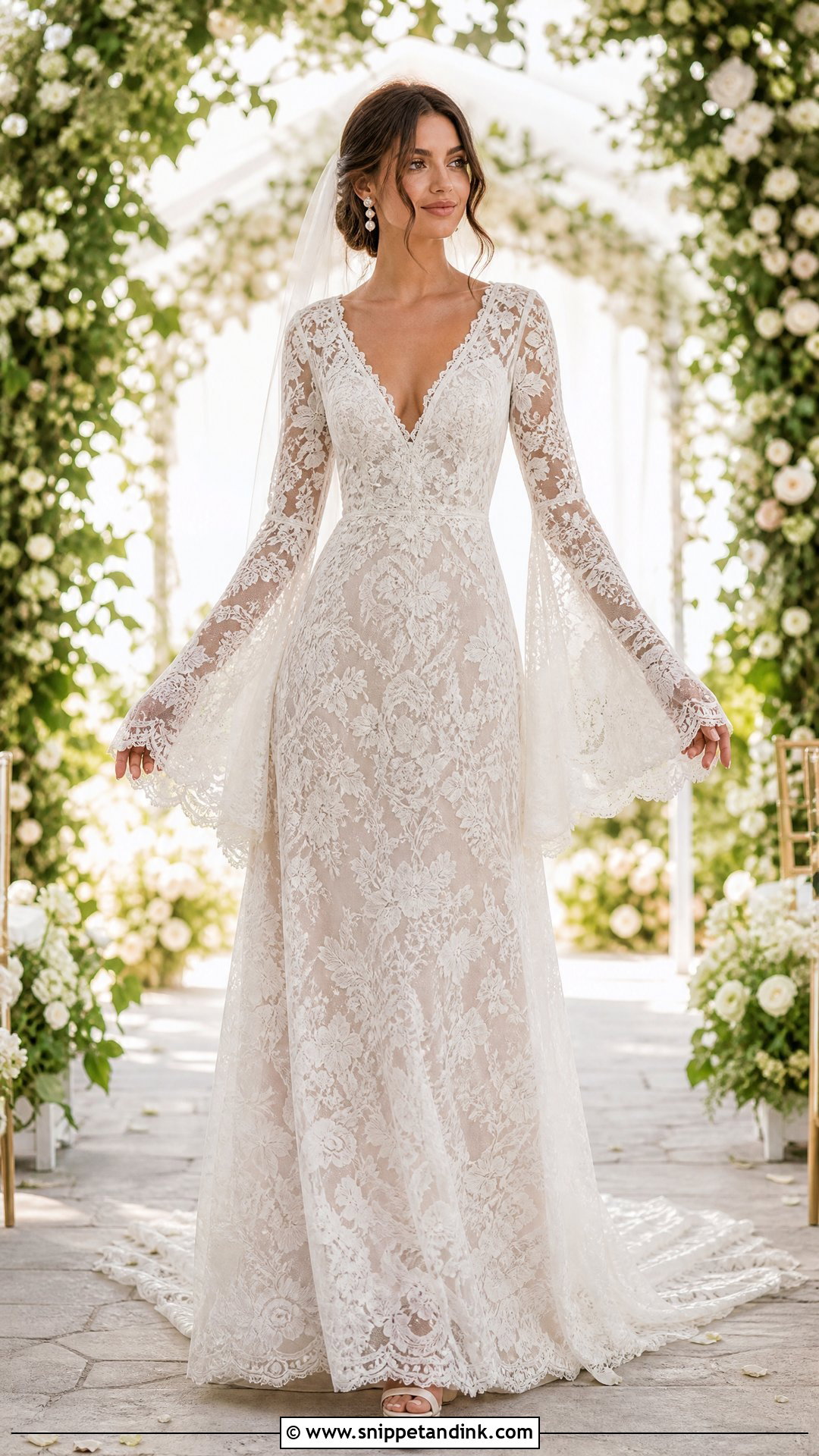 Bell Sleeve Lace Wedding Dress - Snippet and Ink - 25 70s Style Wedding Dress Ideas