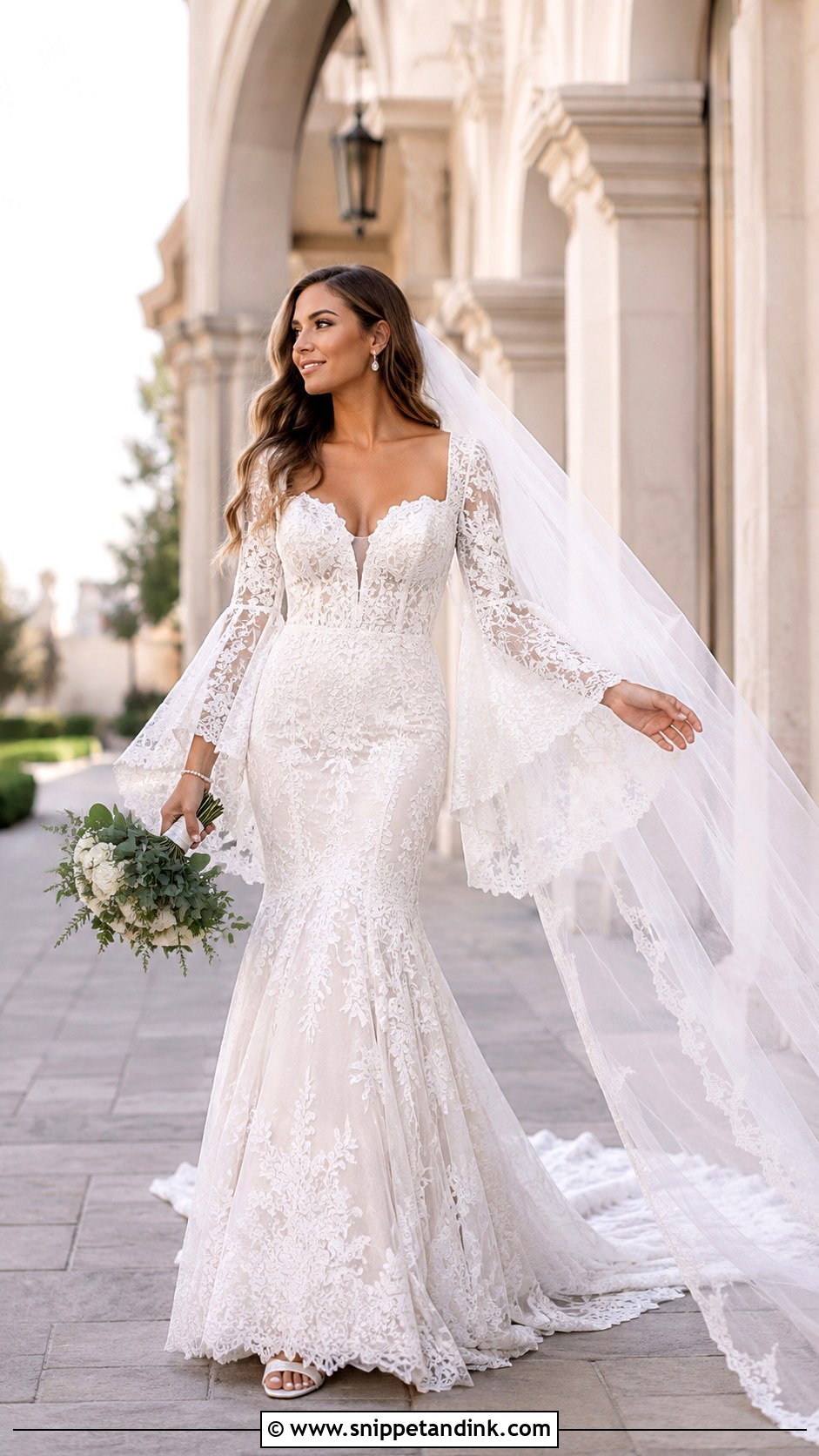 Bell Sleeve Mermaid Boho Glam Wedding Dress - Snippet and Ink - 20 Boho Glam Wedding Dress Ideas