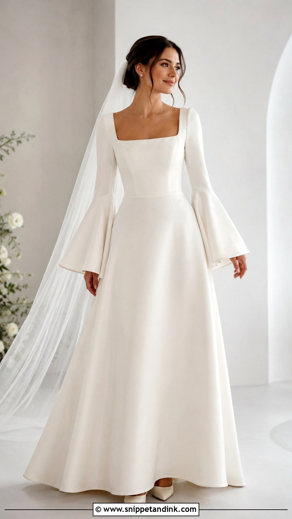 Bell Sleeve Square Neck Wedding Dress - Snippet and Ink - 30 Bell Sleeve Wedding Dress Ideas