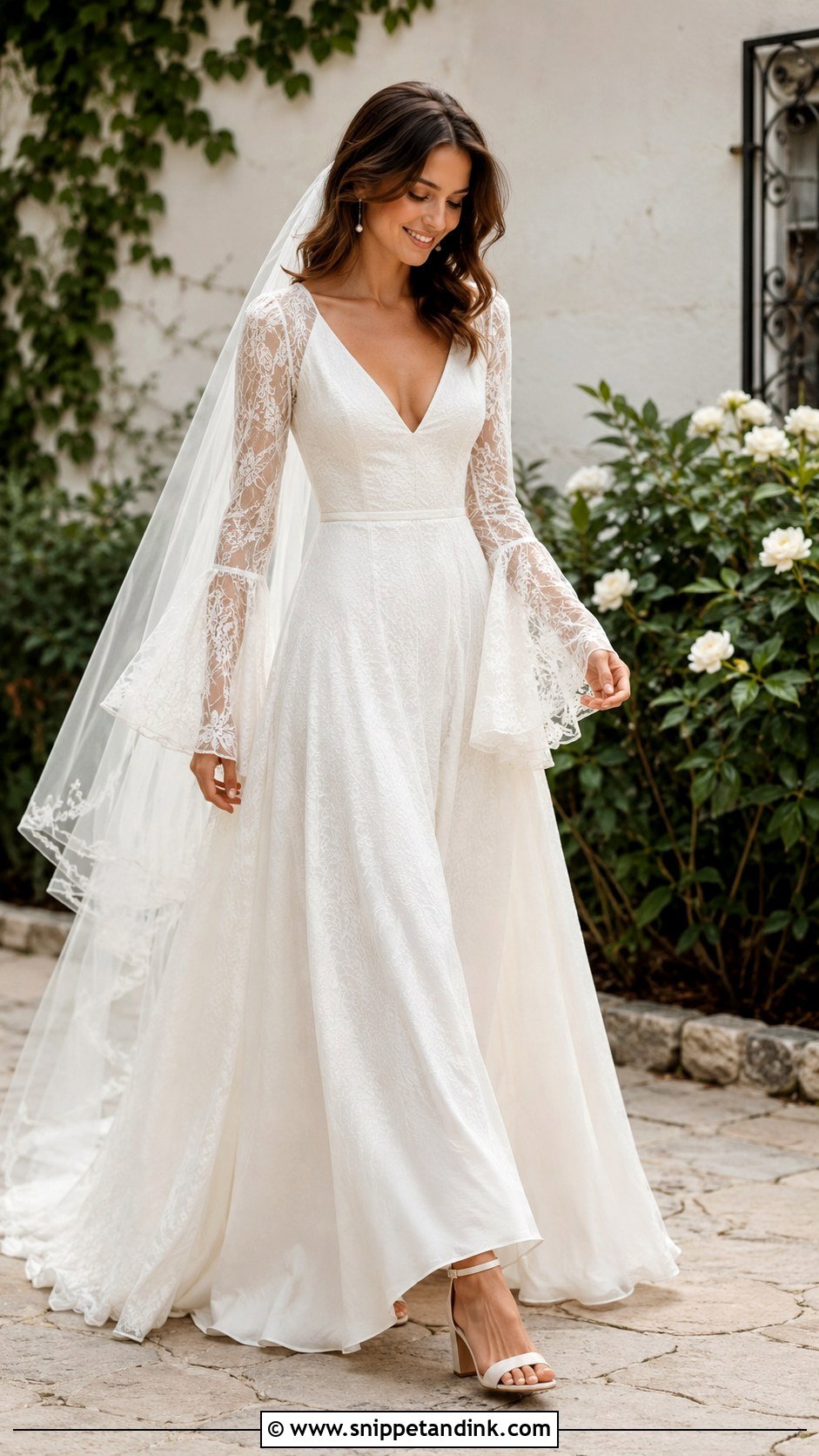 Bell Sleeve V Neck Wedding Dress - Snippet and Ink - 20 Long Sleeve V Neck Wedding Dress Ideas