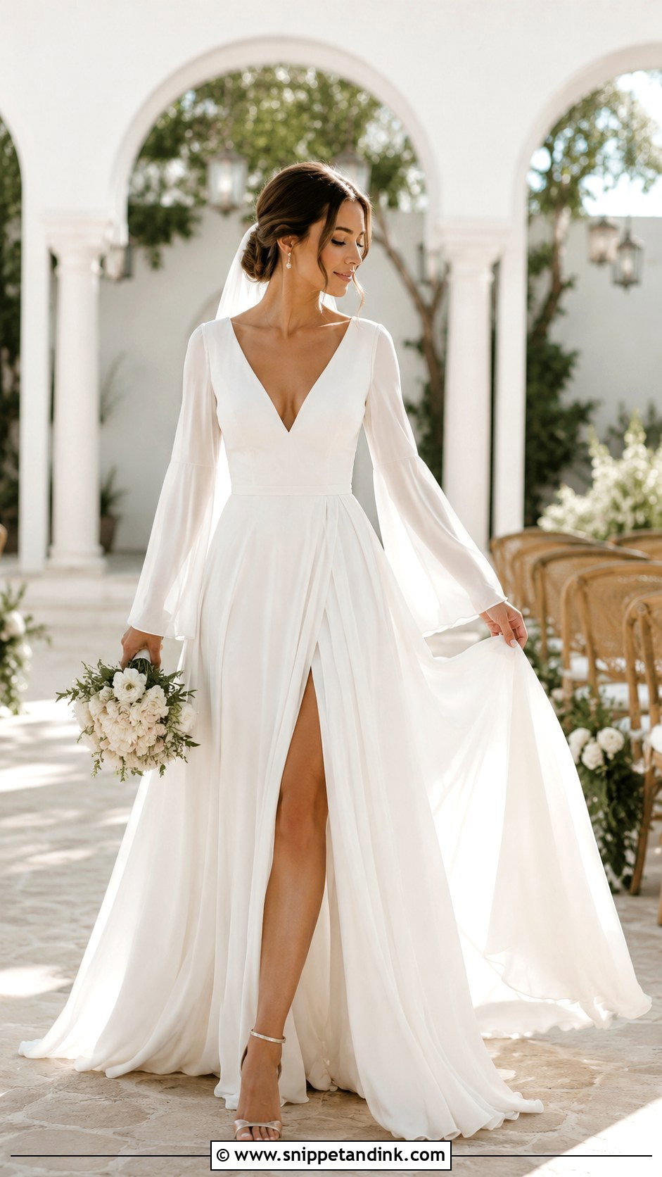 Bell Sleeve V Neck Wedding Dress - Snippet and Ink - 30 Bell Sleeve Wedding Dress Ideas