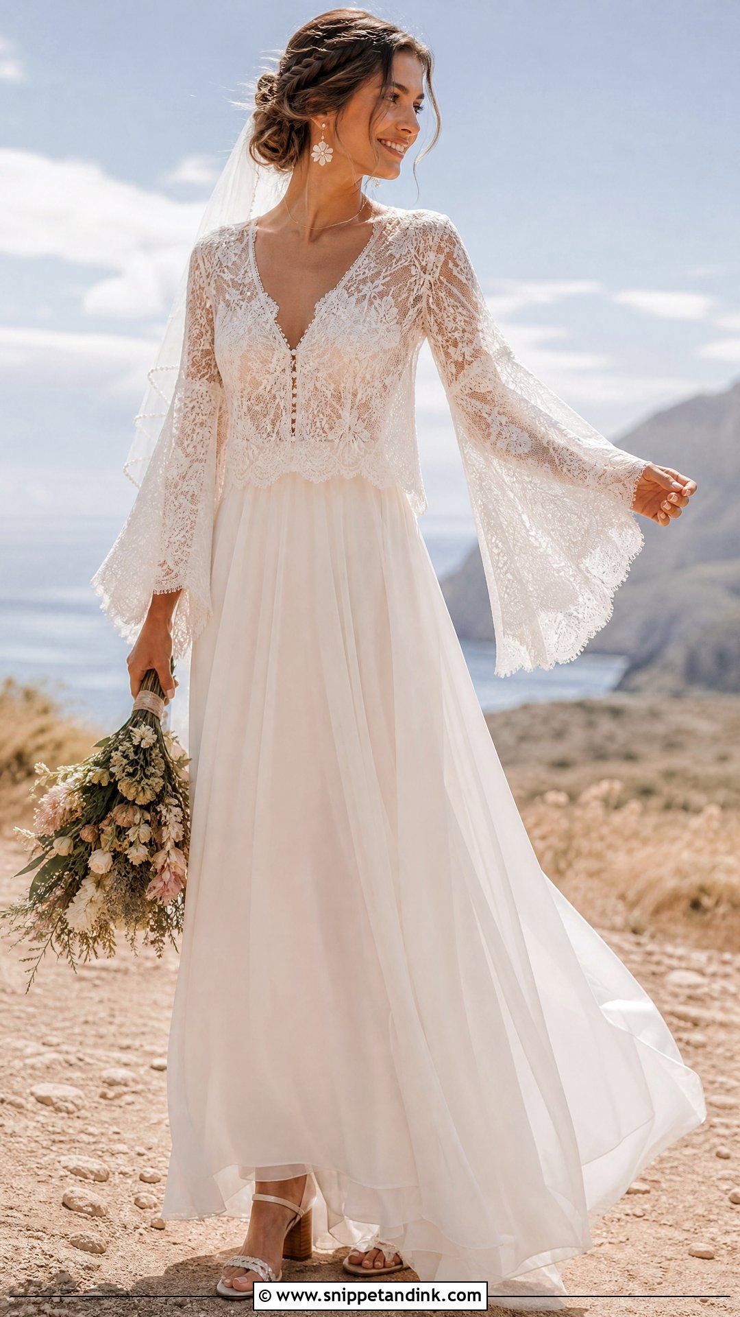 Bell Sleeve Wedding Dress Topper With Boho Gown - Snippet and Ink - 20 Wedding Dress Topper Long Sleeve Ideas