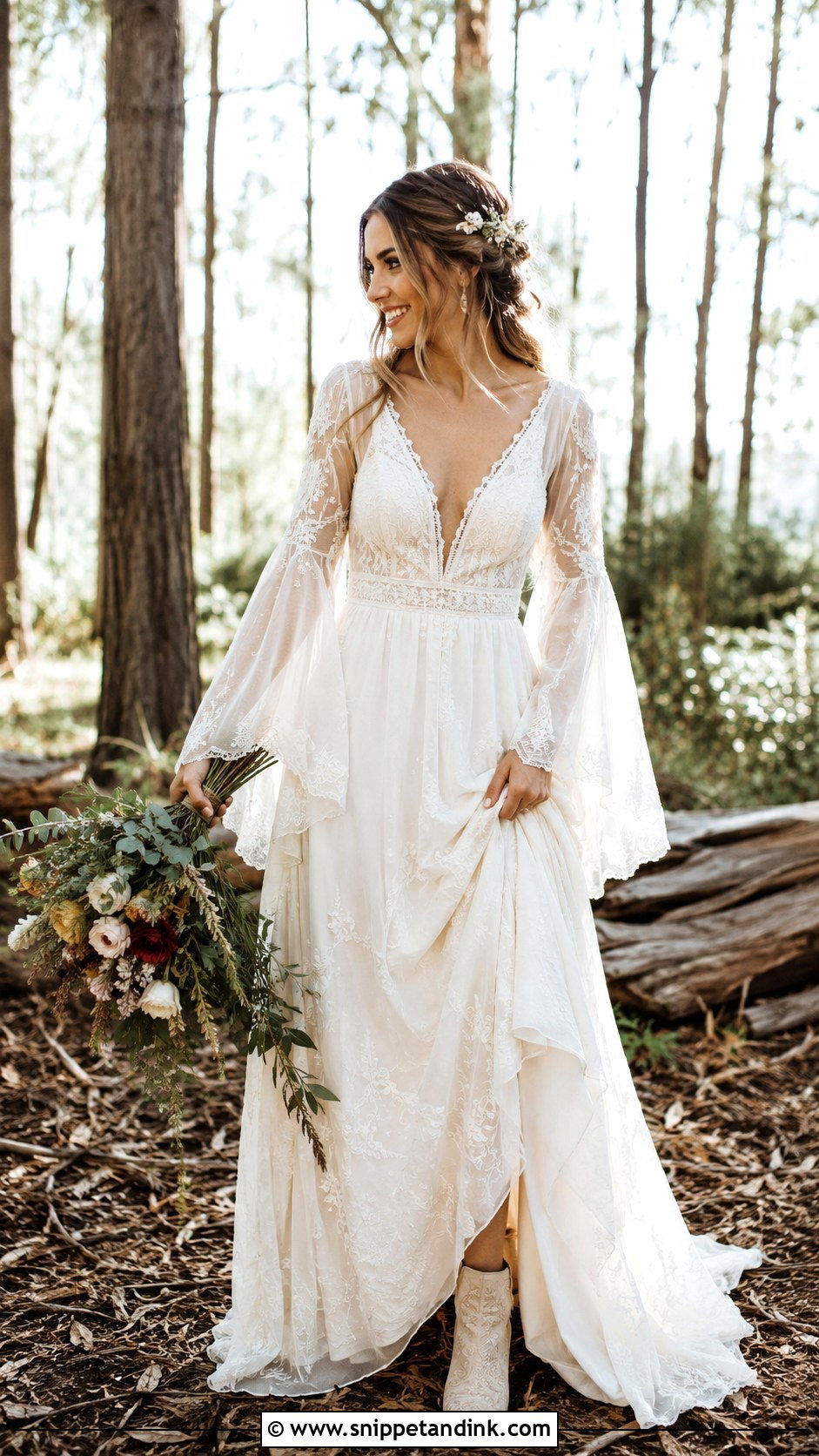 Bell Sleeve Wedding Dress With Floral Hair Pins - Snippet and Ink - 25 Woodsy Wedding Dress Ideas