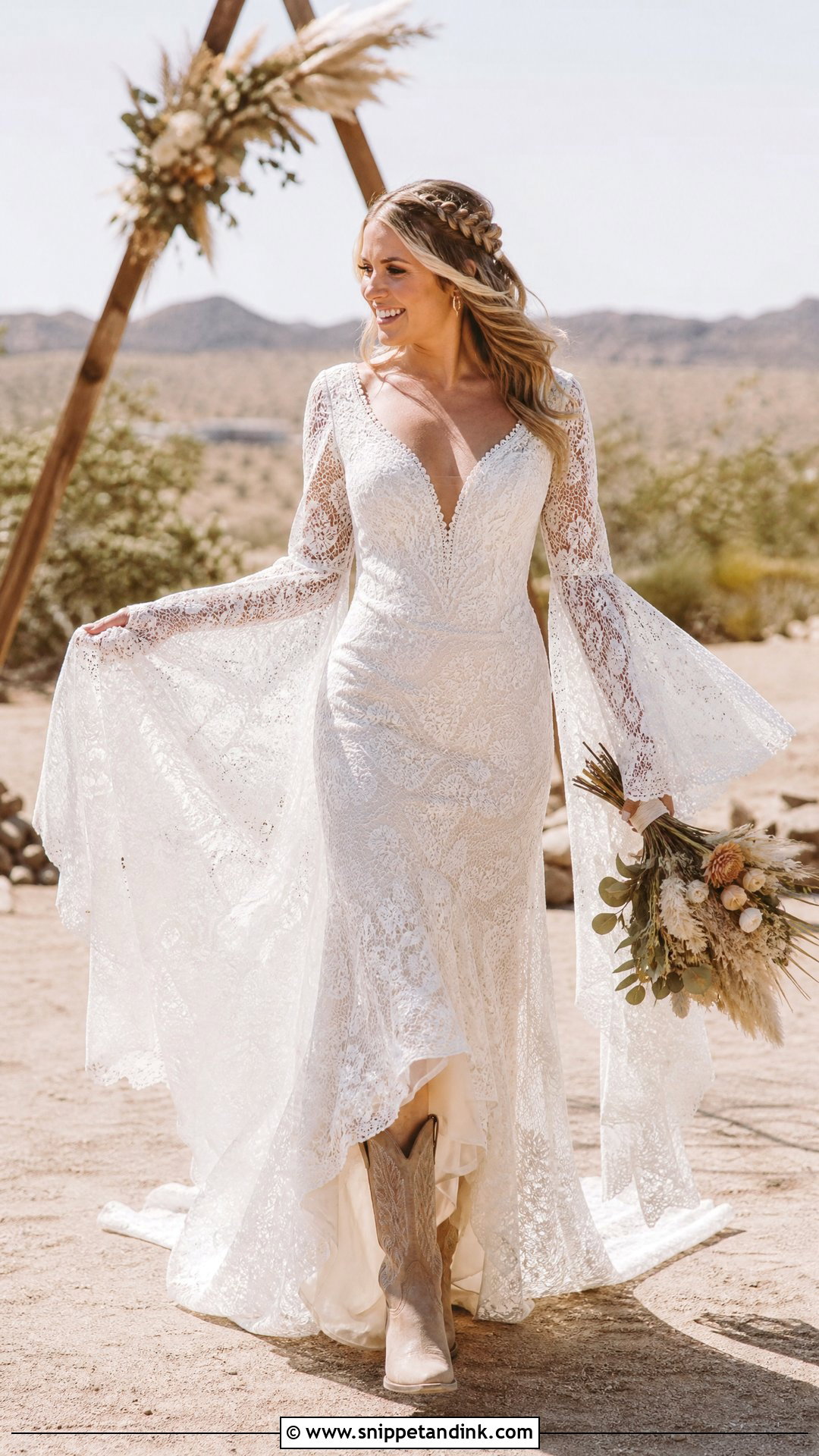 Bell Sleeve Western Wedding Dress With Suede Boots - Snippet and Ink - 20 Western Wedding Dresses with Boots