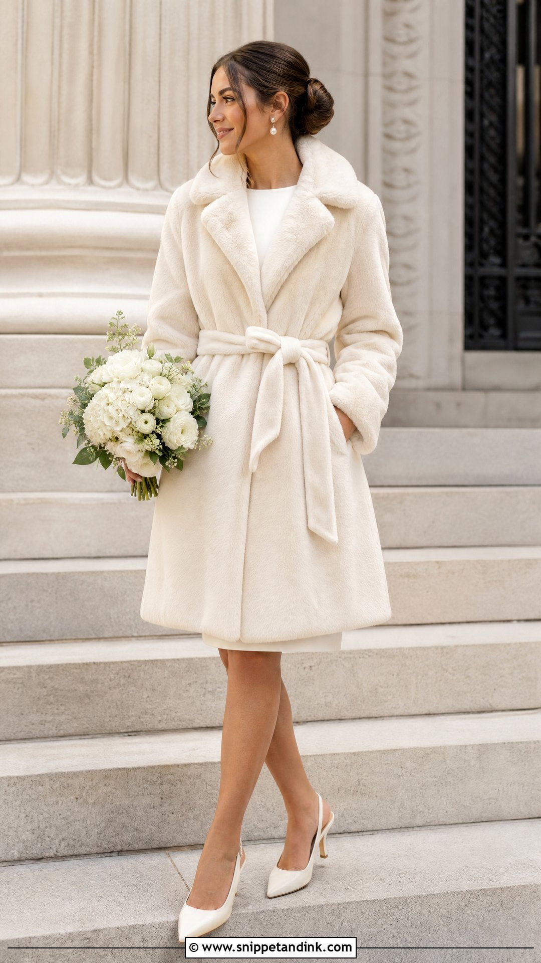 Belted Ivory Fur Coat With Sheath Wedding Dress - Snippet and Ink - 20 Wedding Fur Coat Ideas