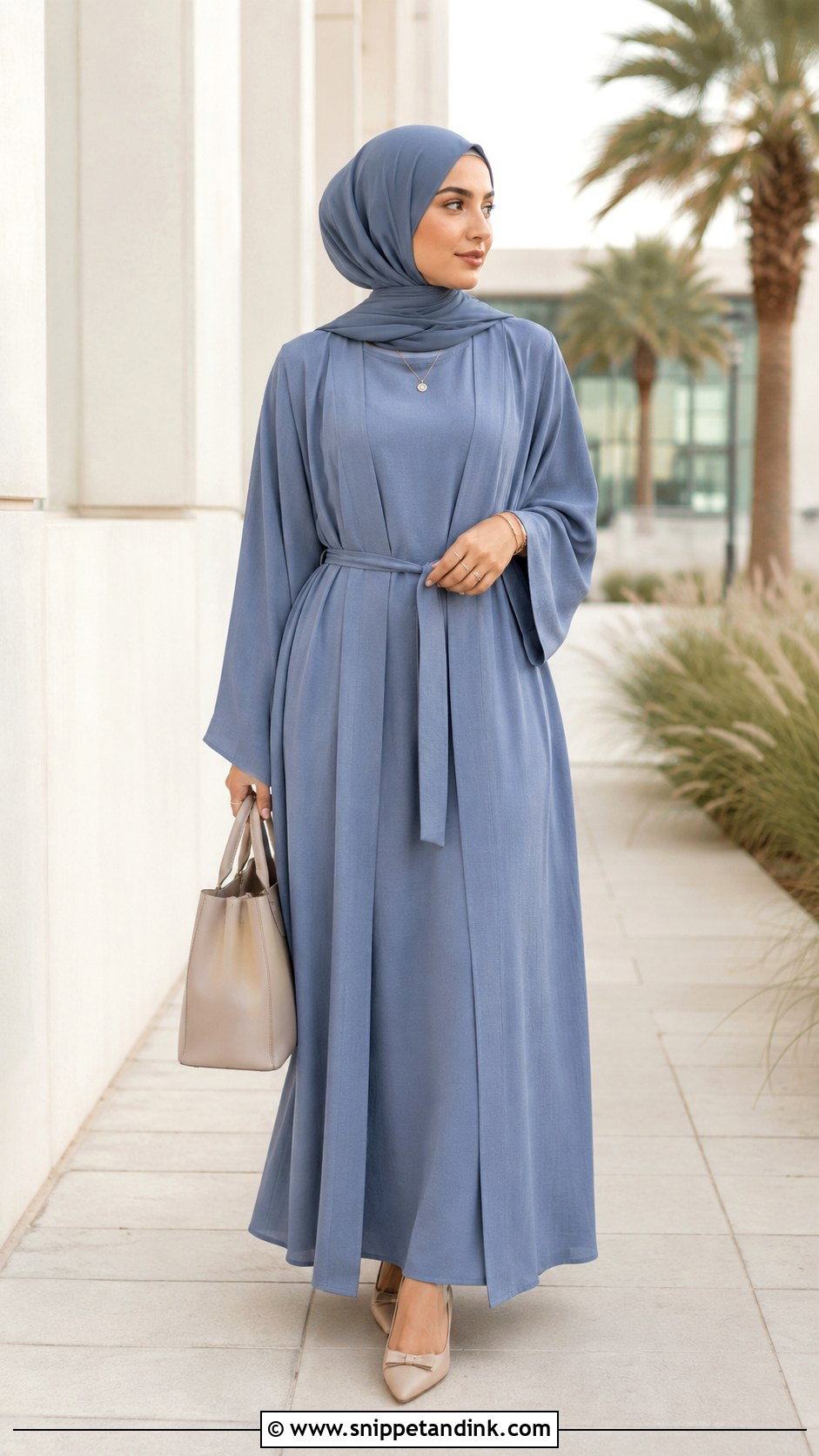 Belted Kimono Abaya With Jersey Hijab - Snippet and Ink - 20 Ied Mubarak Outfit Hijab Ideas