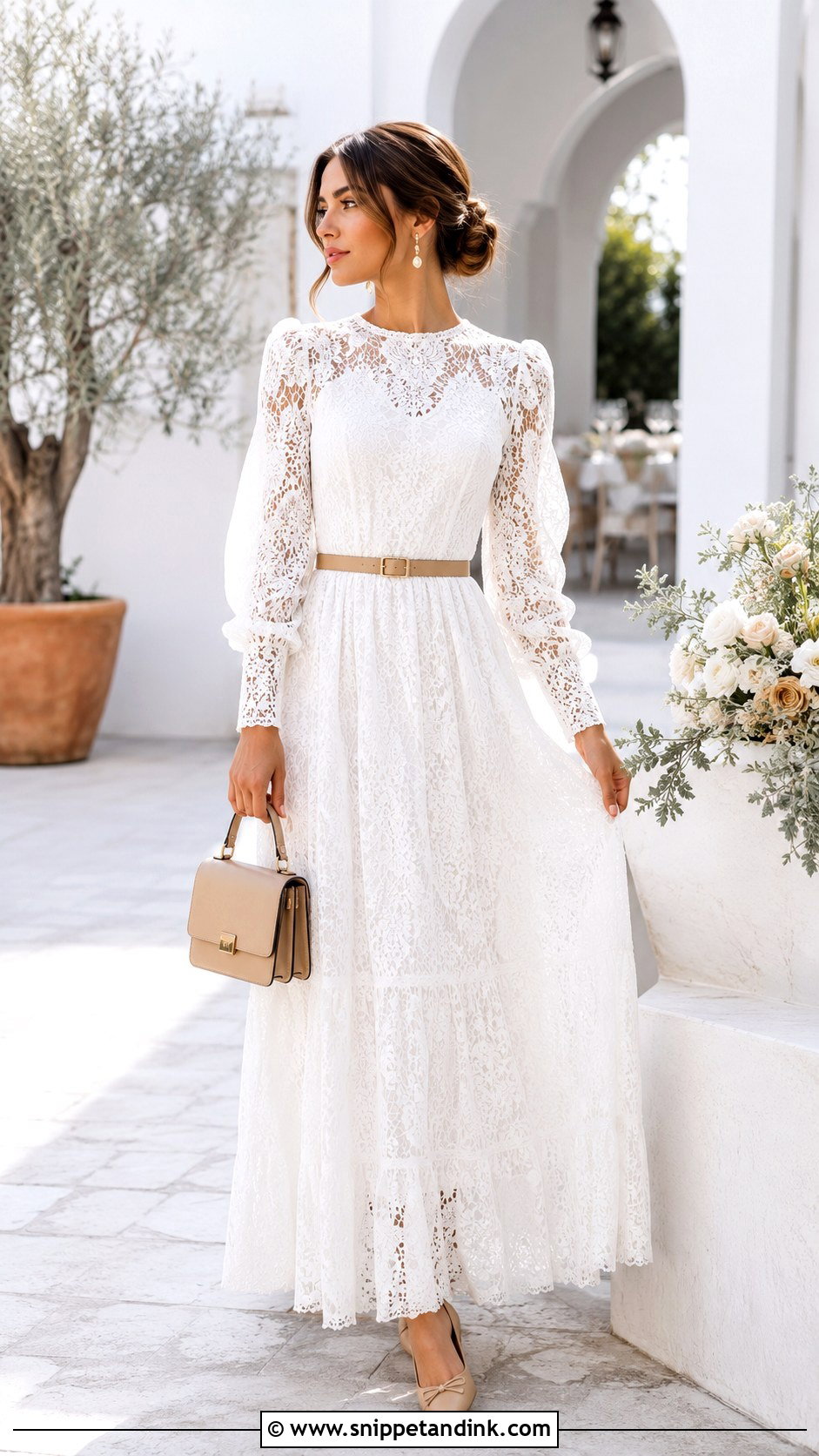 Belted Long White Lace Dress With Ballet Flats - Snippet and Ink - 20 Long White Lace Dress Ideas