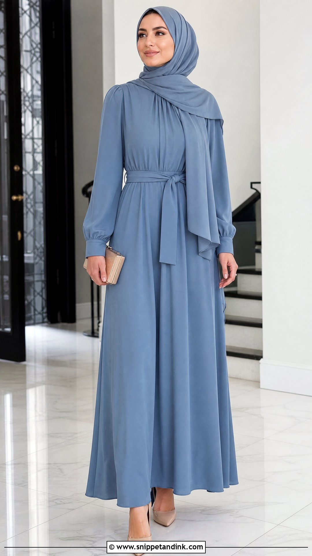 Belted Maxi Dress With Pointed Pumps - Snippet and Ink - 25 Dresses to Wear to a Wedding Hijab