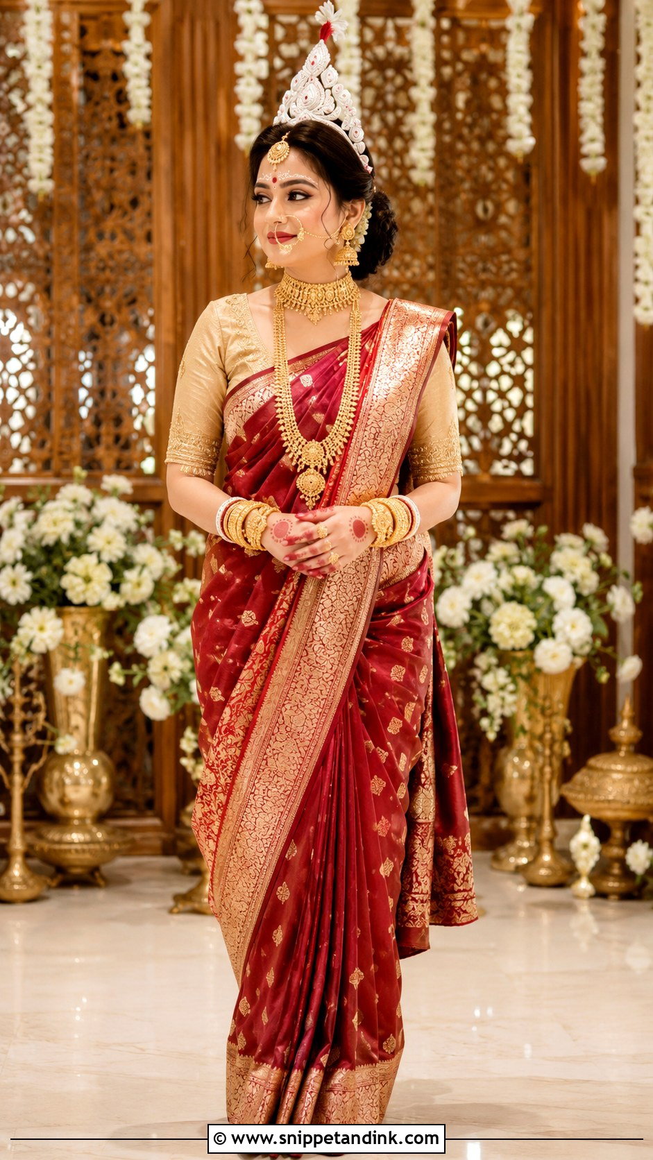 Bengali Bride Look With Antique Gold Jewelry - Snippet and Ink - 30 Bengali Bride Traditional Look Ideas