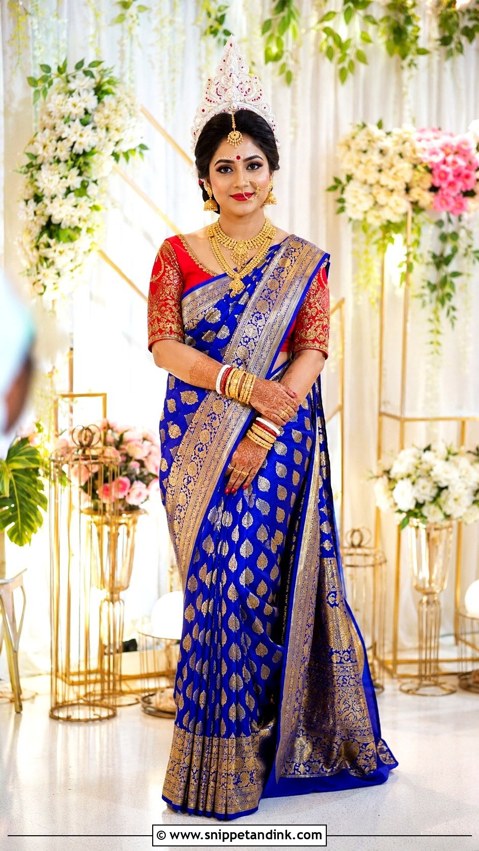 Bengali Bride Look With Blue Banarasi Saree - Snippet and Ink - 30 Bengali Bride Traditional Look Ideas