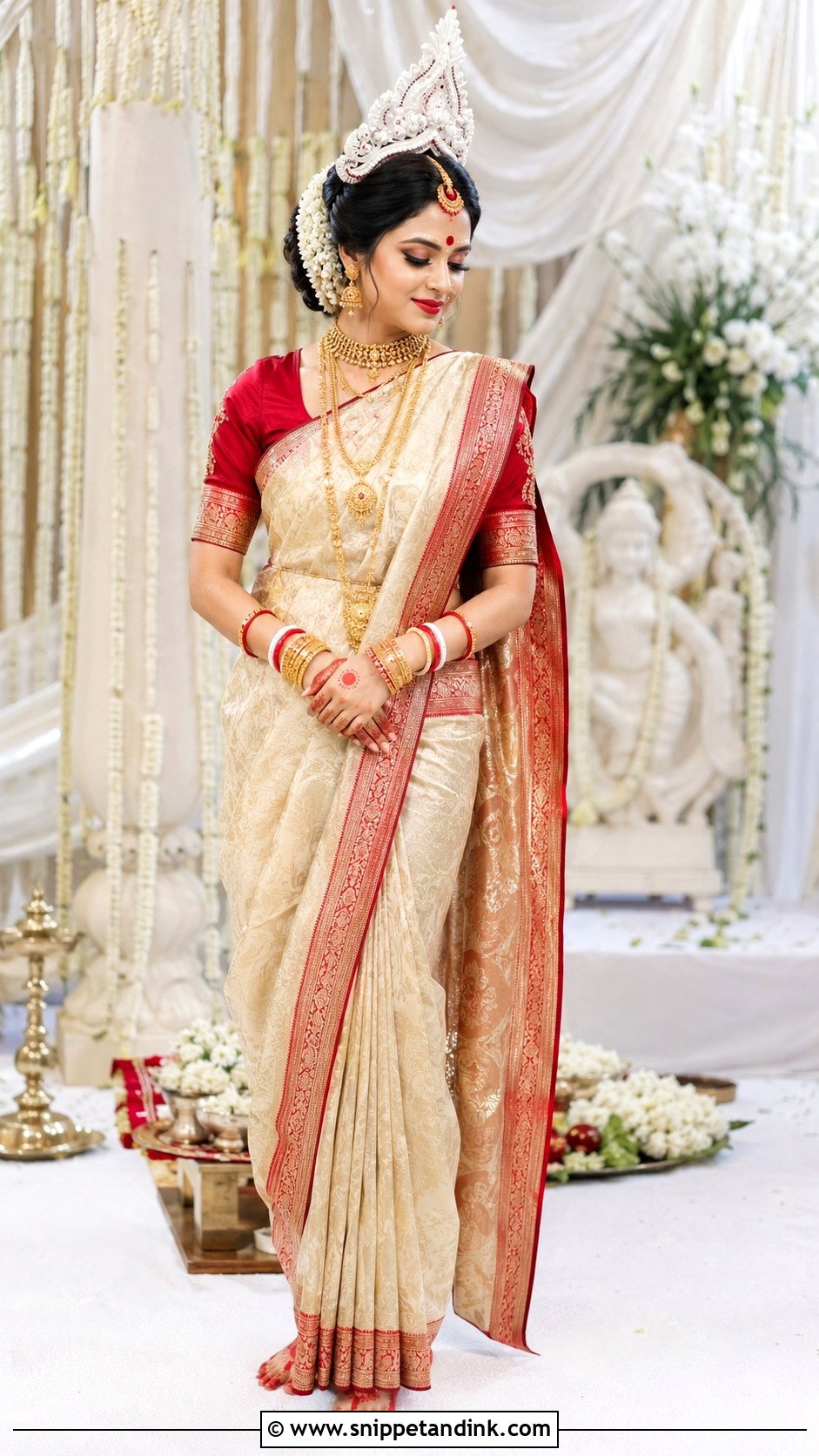 Bengali Bride Look With Cream Saree - Snippet and Ink - 30 Bengali Bride Traditional Look Ideas
