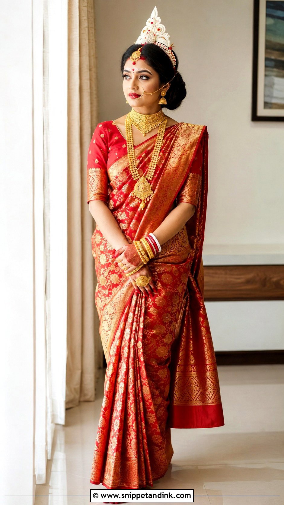 Bengali Bride Look With Gold Jewelry - Snippet and Ink - 30 Bengali Bride Traditional Look Ideas