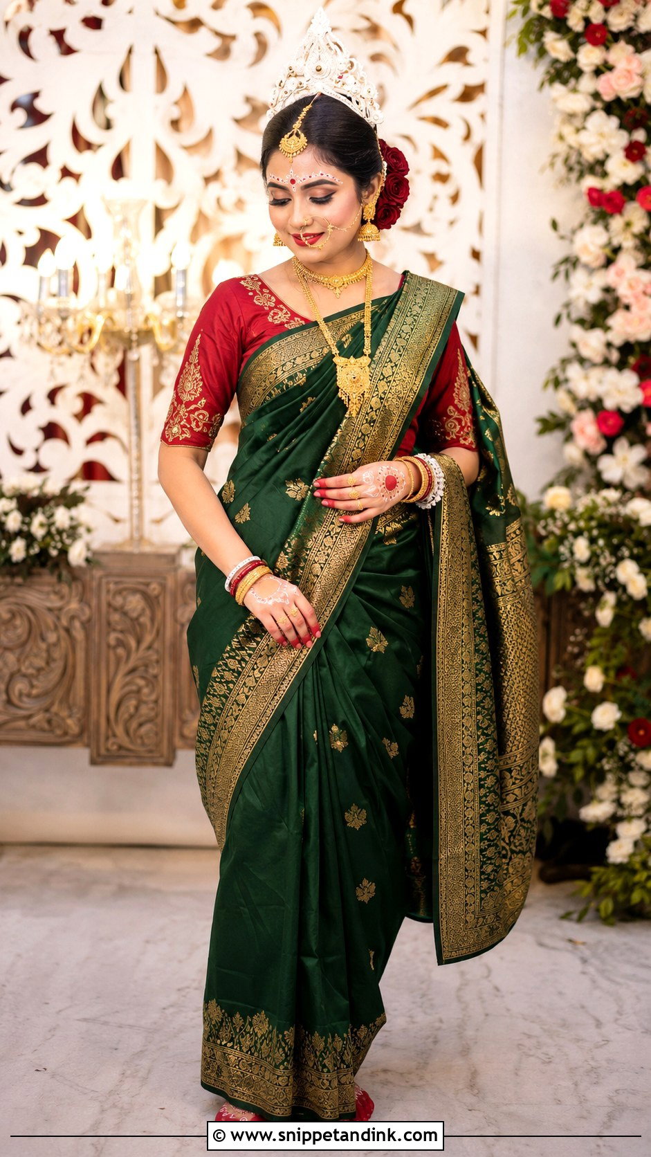 Bengali Bride Look With Green Saree - Snippet and Ink - 30 Bengali Bride Traditional Look Ideas