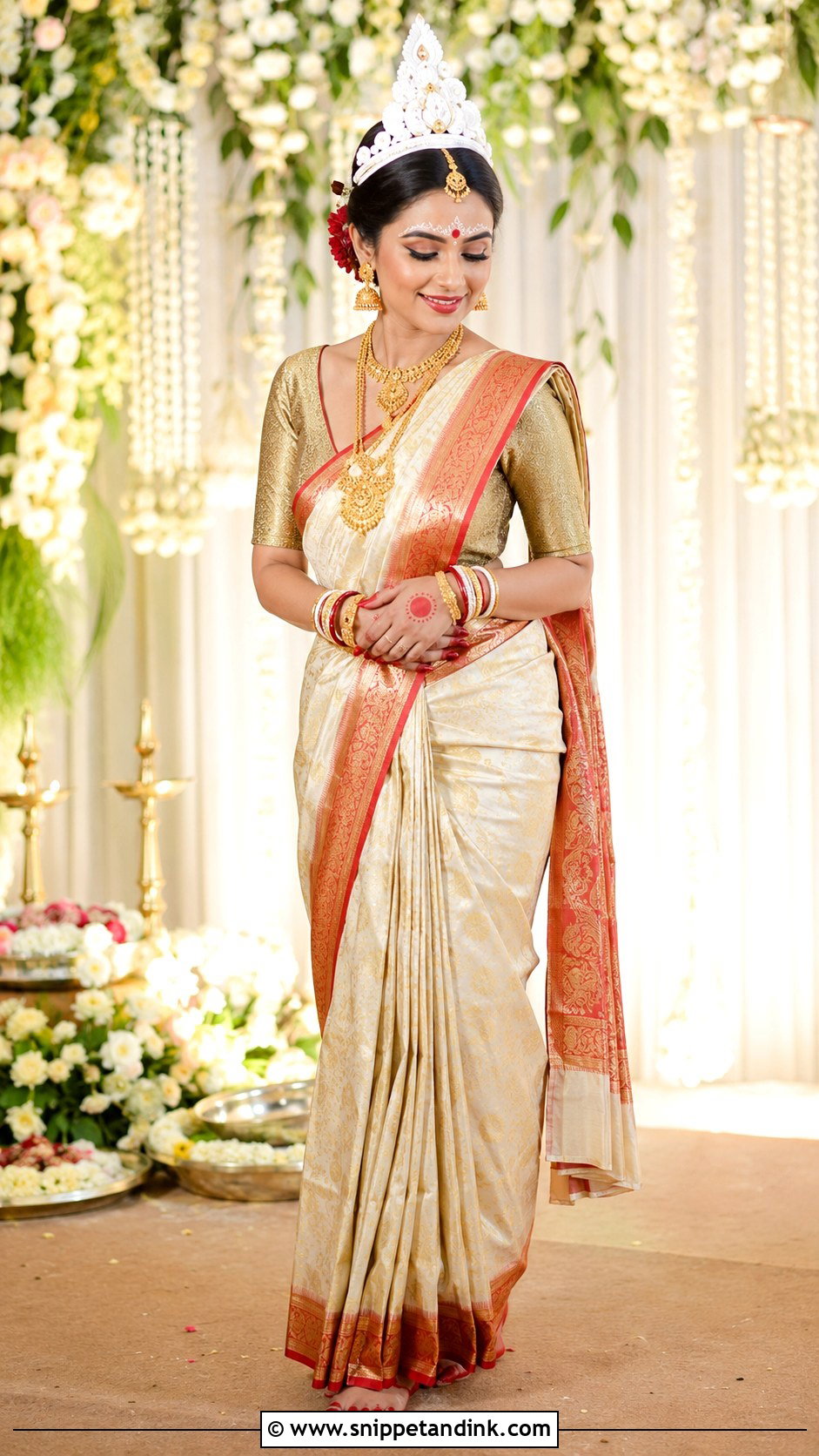 Bengali Bride Look With Ivory Saree - Snippet and Ink - 30 Bengali Bride Traditional Look Ideas