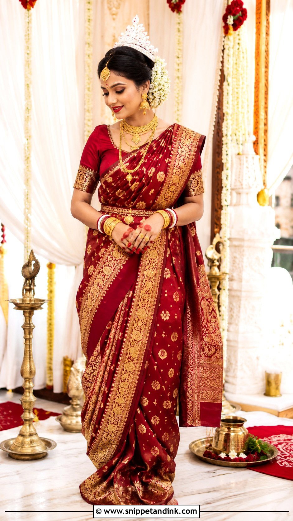 Bengali Bride Look With Jasmine Bun - Snippet and Ink - 30 Bengali Bride Traditional Look Ideas