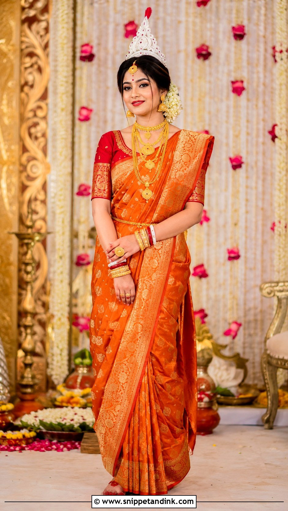 Bengali Bride Look With Orange Saree - Snippet and Ink - 30 Bengali Bride Traditional Look Ideas