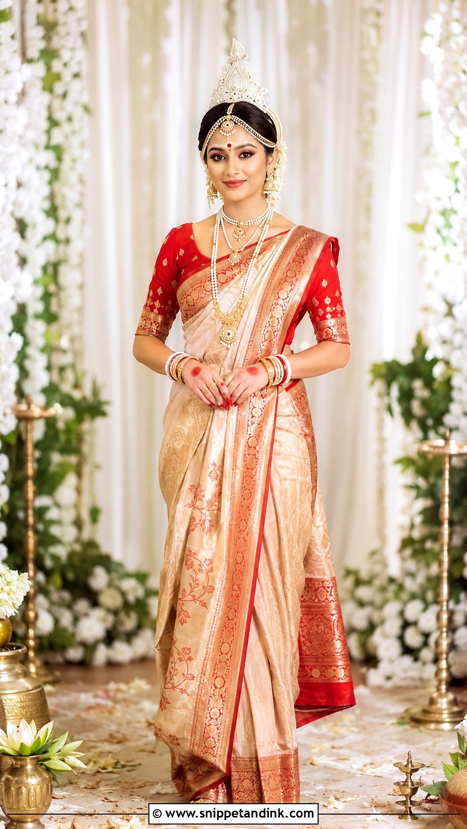 Bengali Bride Look With Pearl Jewelry - Snippet and Ink - 30 Bengali Bride Traditional Look Ideas