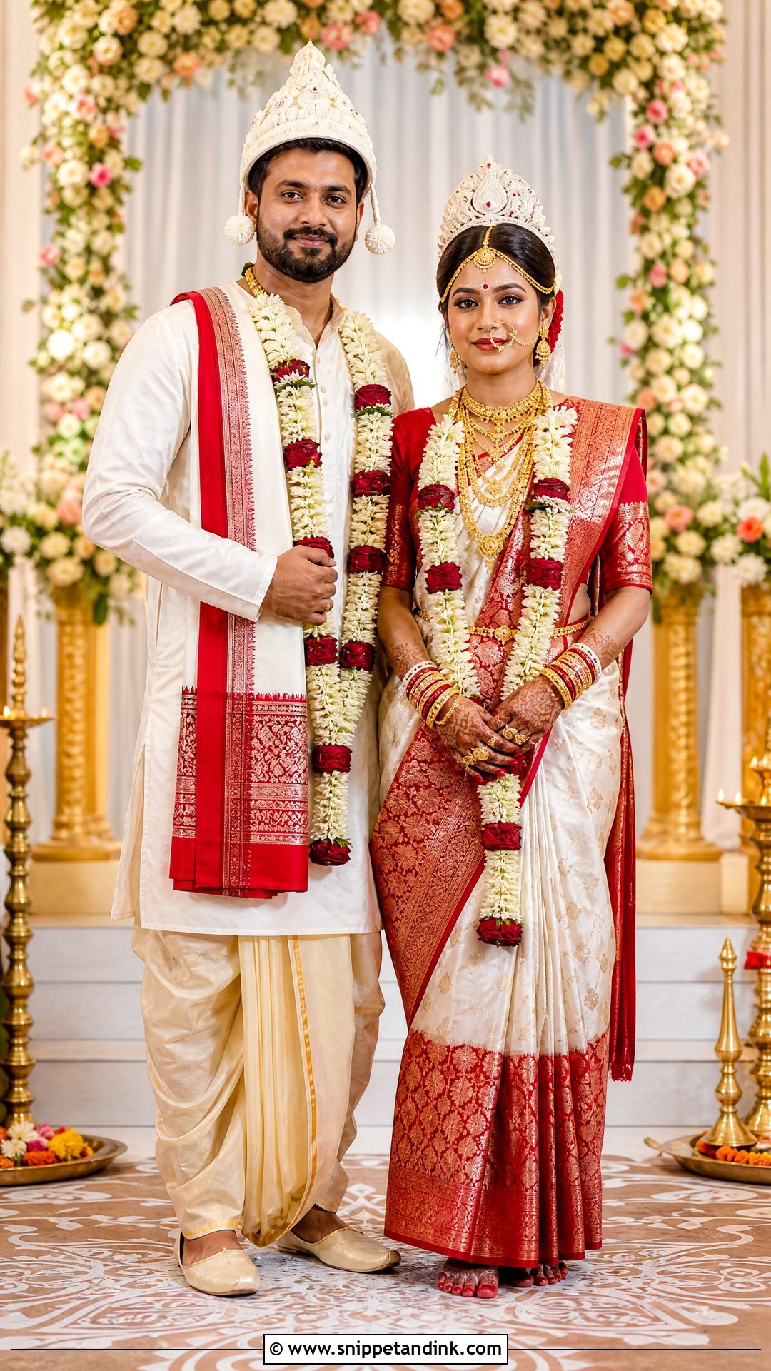 Bengali Red And White Bridal Couple Outfit - Snippet and Ink - 20 Indian Bridal Couple Dress Ideas