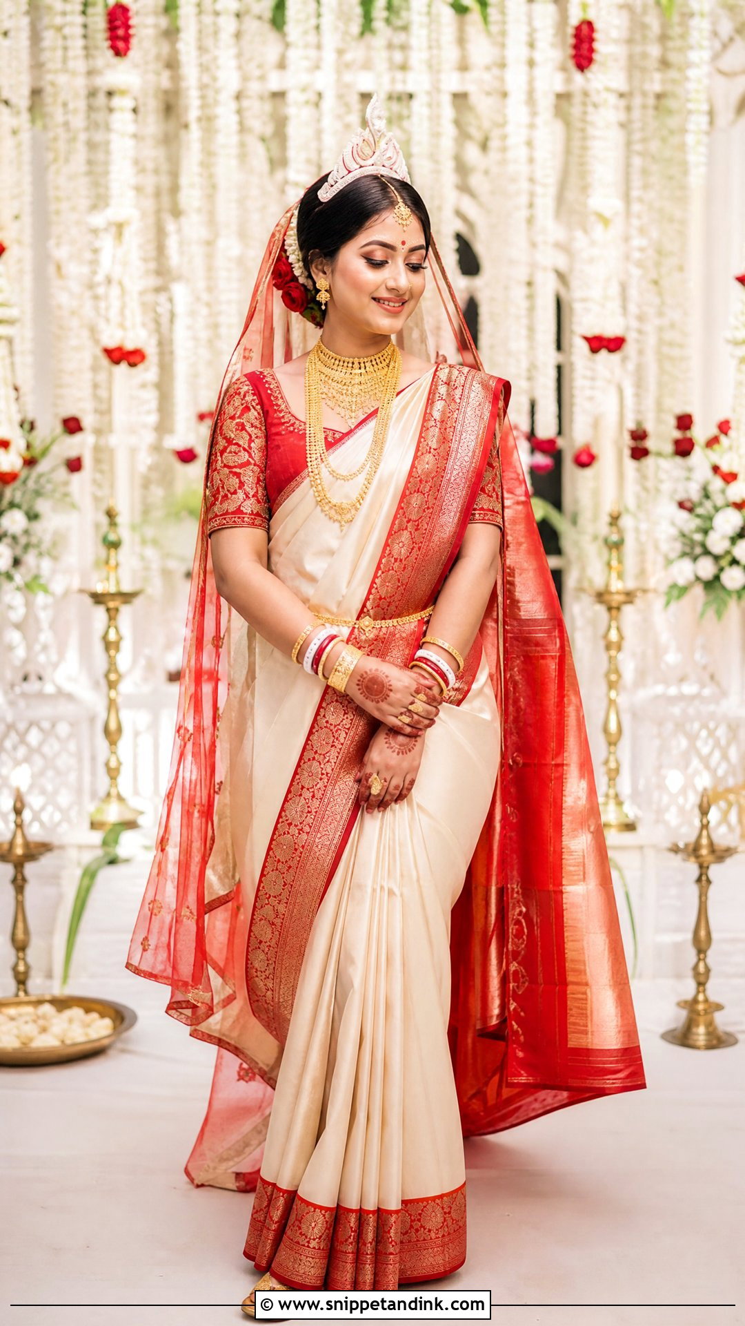 Bengali Red And White Bridal Saree - Snippet and Ink - 20 Indian Wedding Bridal Outfits