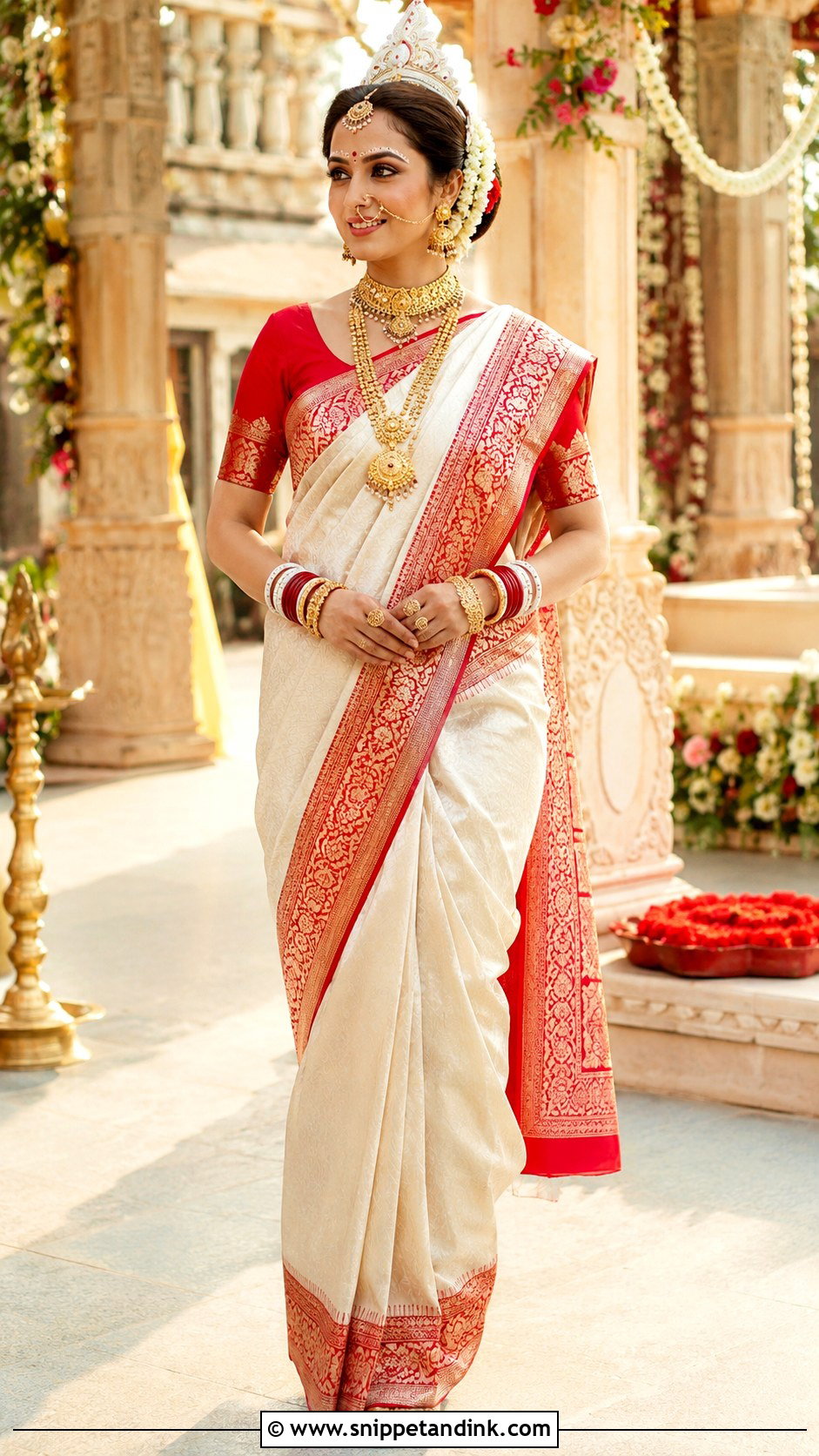 Bengali Red And White Bridal Saree - Snippet and Ink - 20 Bridal Traditional Outfit Ideas
