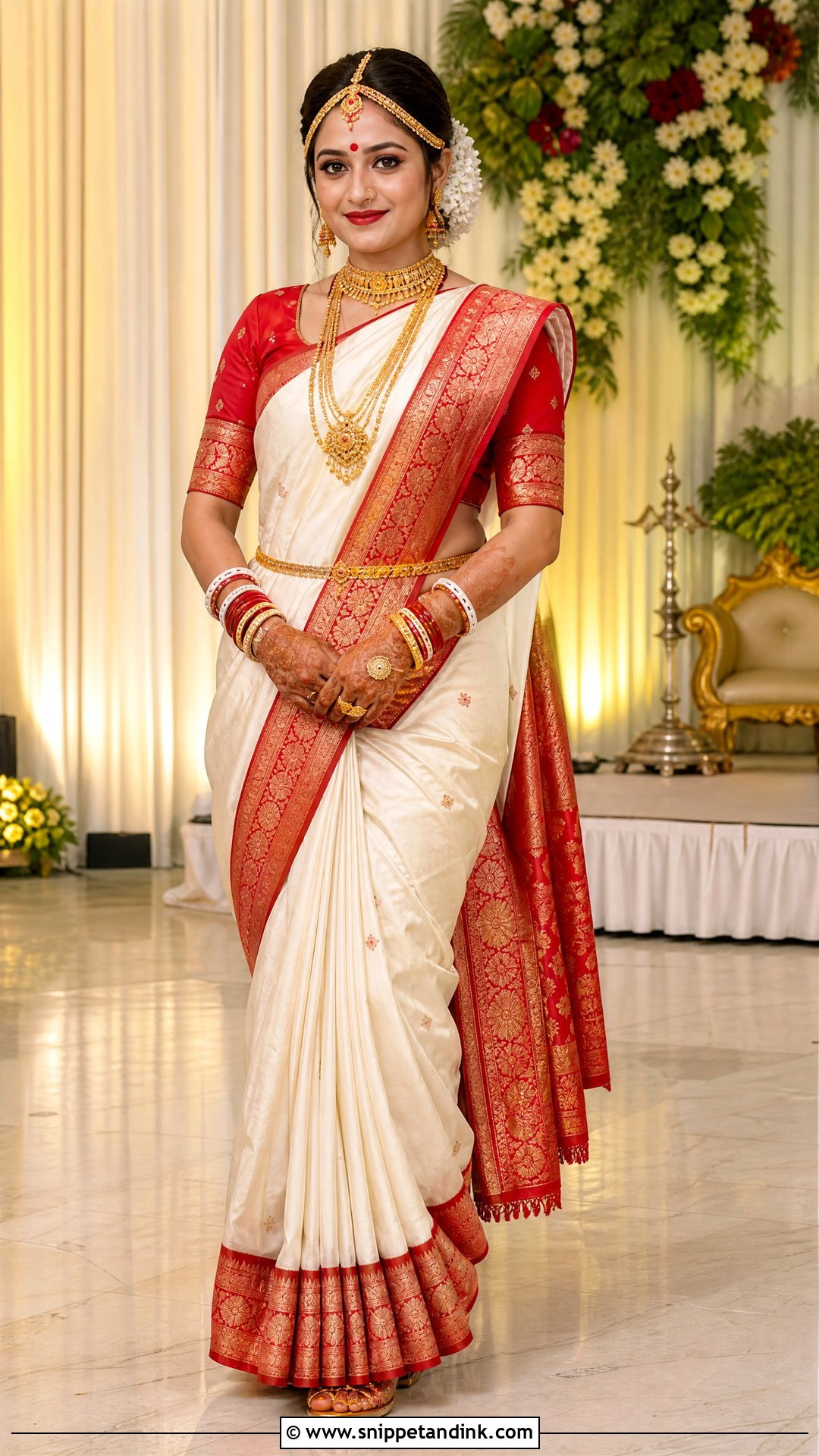 Bengali Red And White Saree With Gold Accessories - Snippet and Ink - 20 Traditional Indian Wedding Outfits