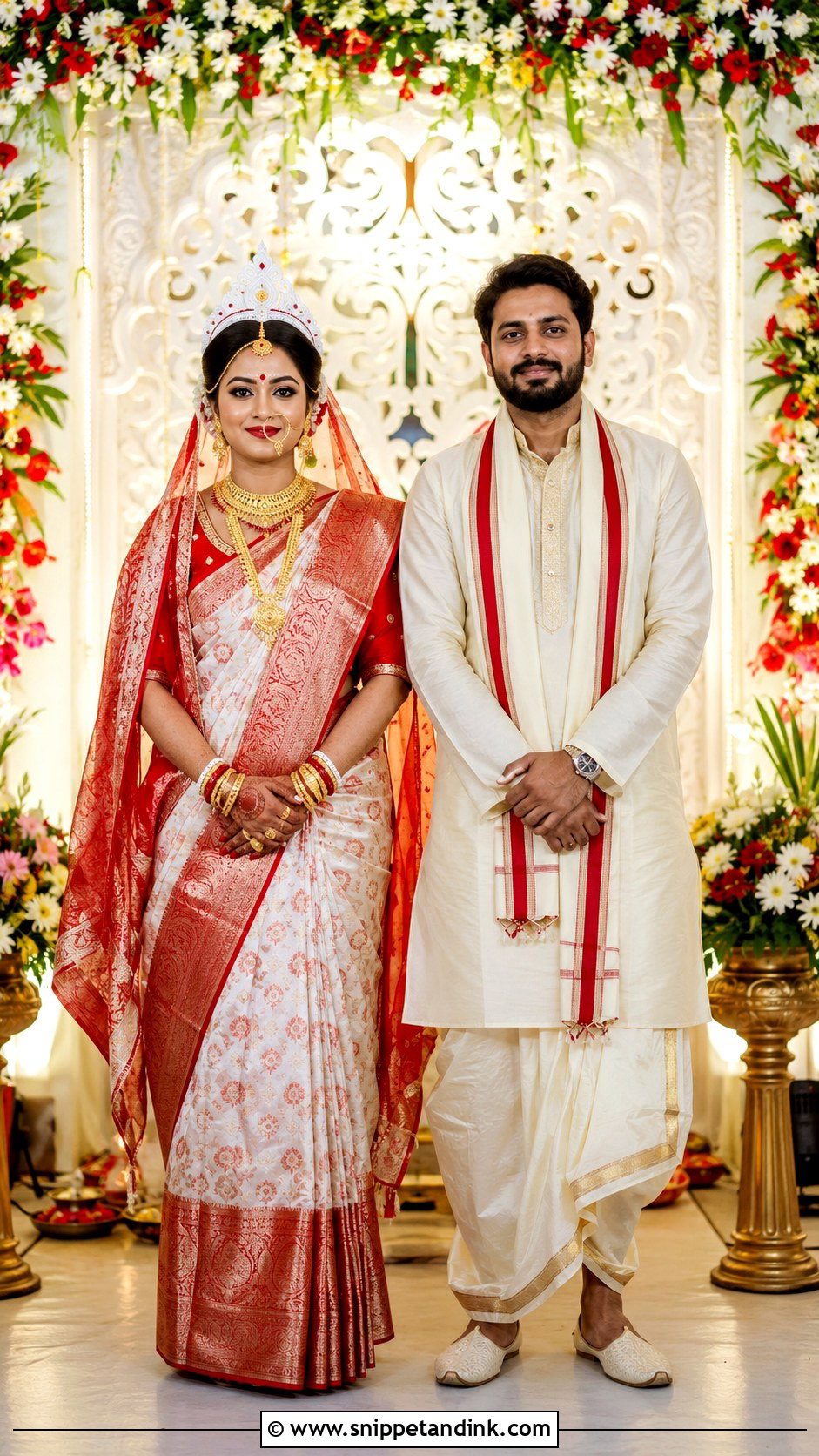 Bengali Red Saree And Ivory Dhoti Kurta Outfit - Snippet and Ink - 20 Indian Couple Wedding Outfit Ideas