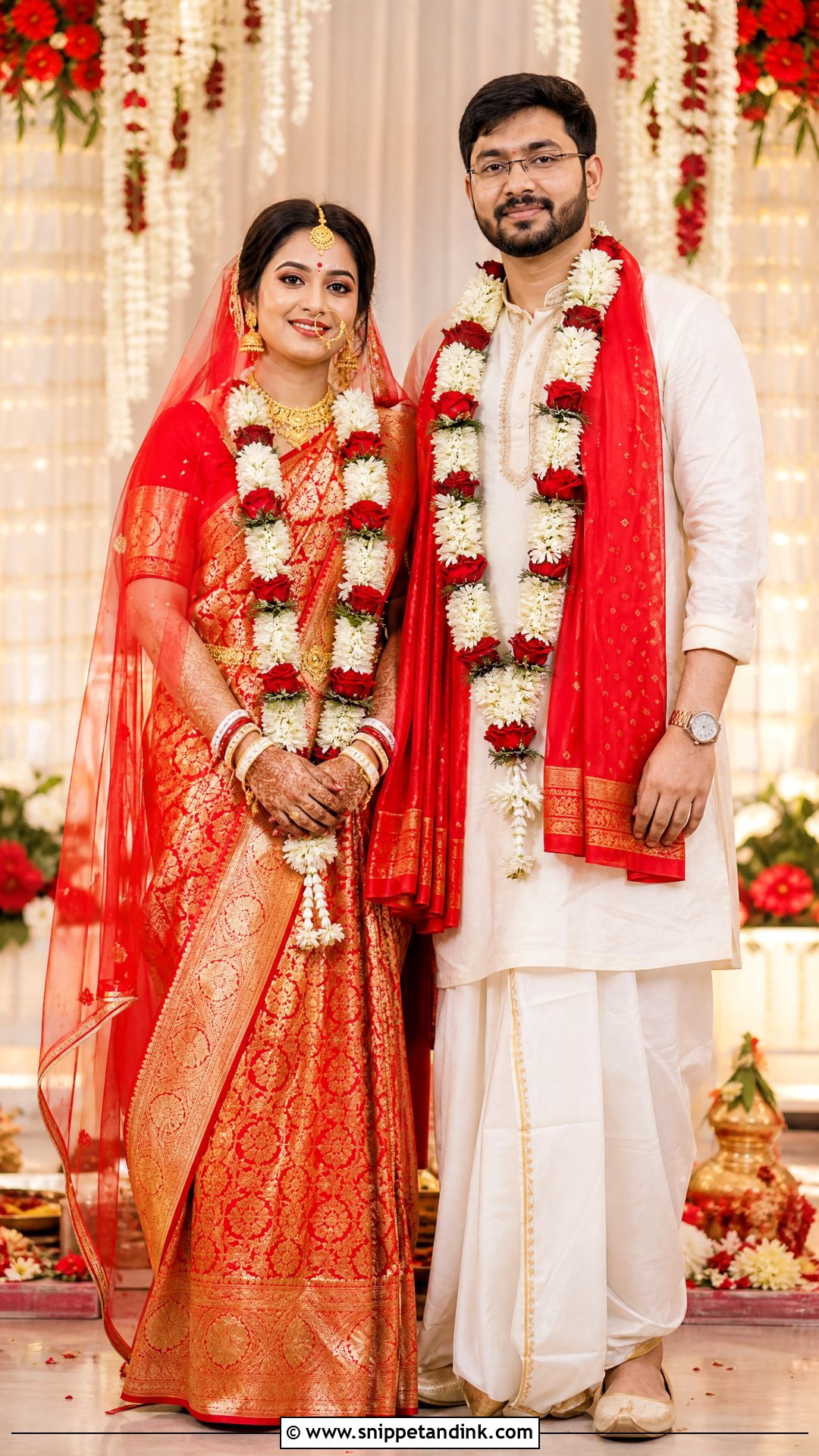 Bengali Red Saree And White Groom Panjabi - Snippet and Ink - 25 Indian Wedding Couple Dress Ideas