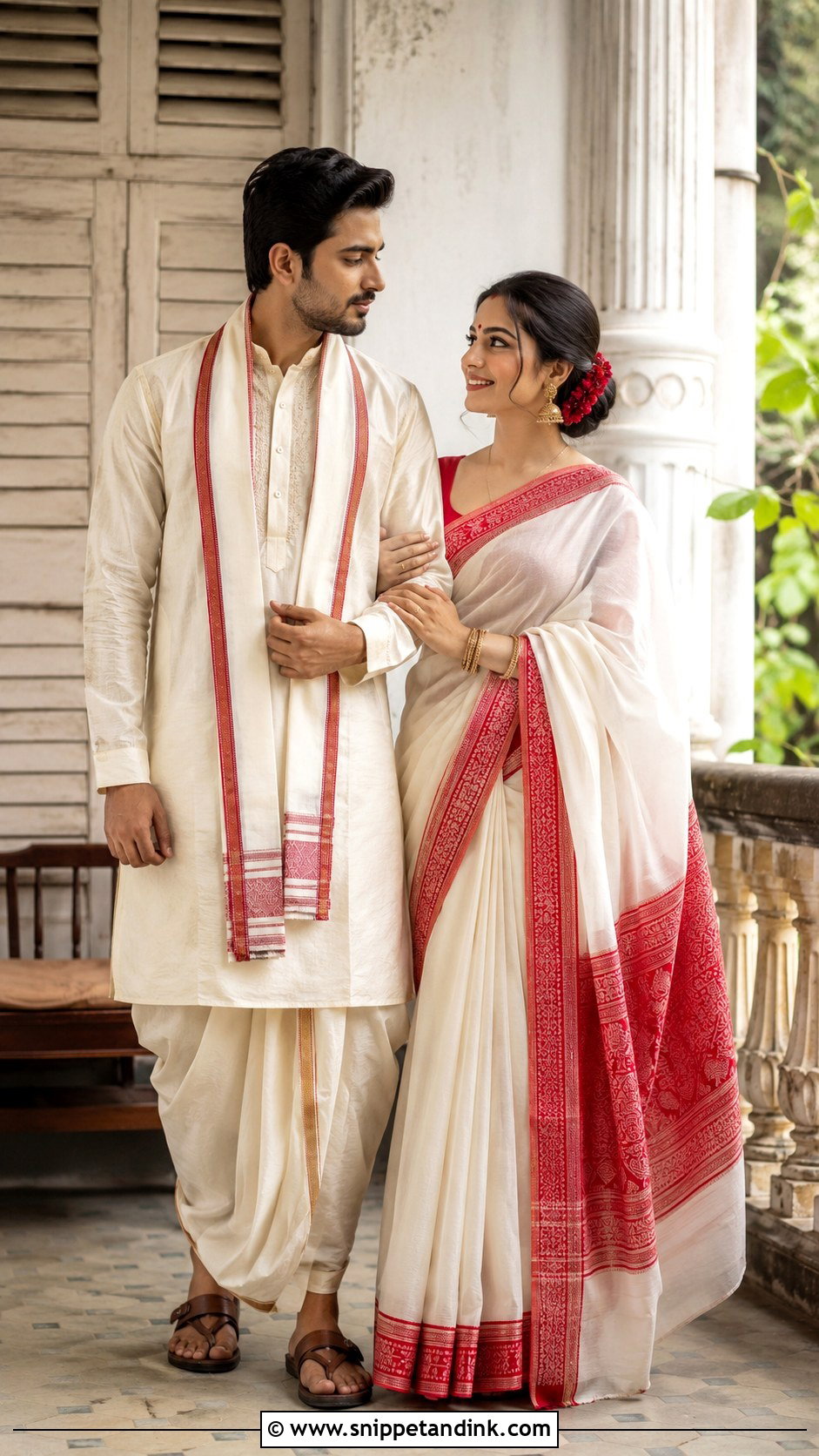 Bengali Saree And Dhoti Kurta Pre Wedding Shoot Outfit - Snippet and Ink - 20 Indian Pre Wedding Shoot Outfit Ideas